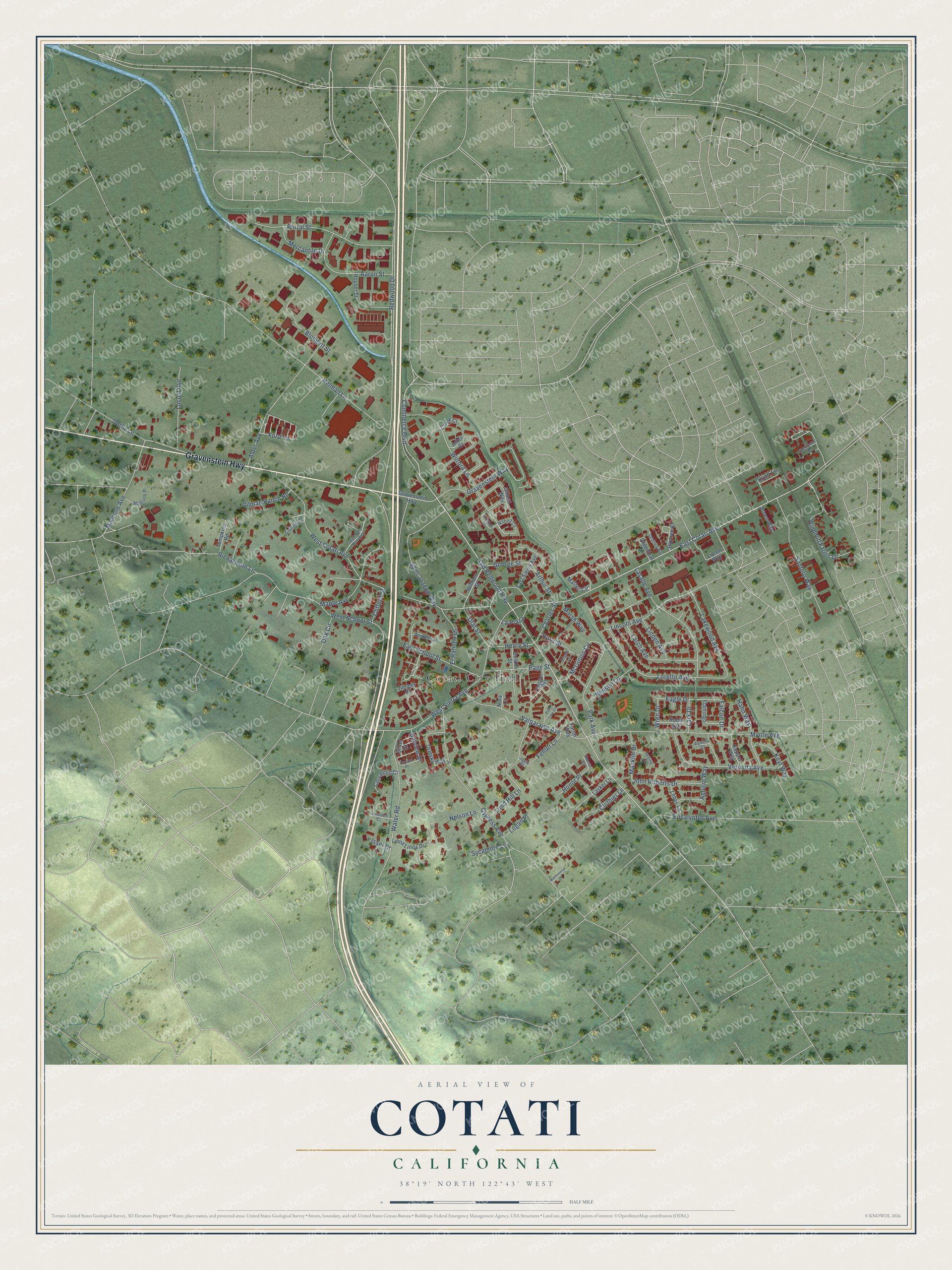 Full map of Cotati, California, with red buildings, printed street names and the land around them