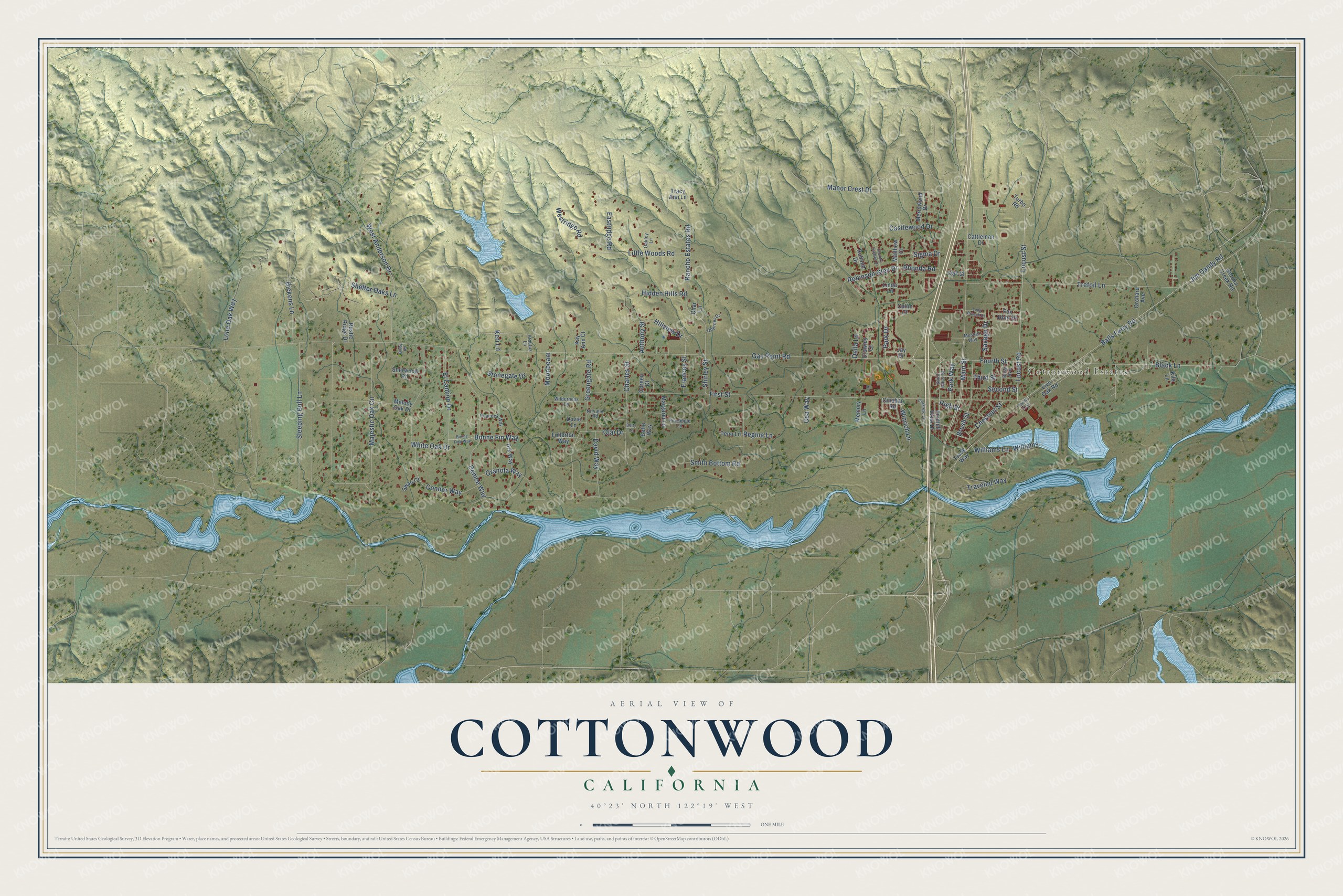 Full map of Cottonwood, California, with red buildings, printed street names and the land around them