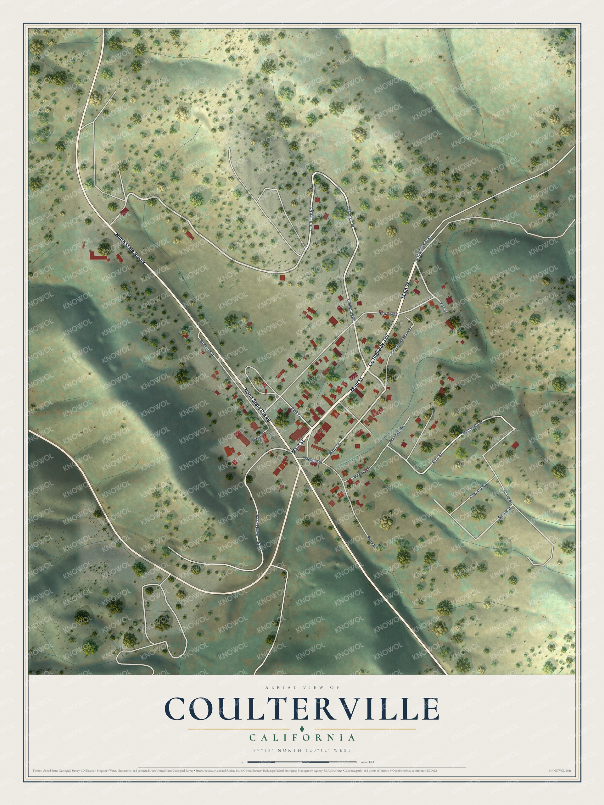 Full map of Coulterville, California, with red buildings, printed street names and the land around them
