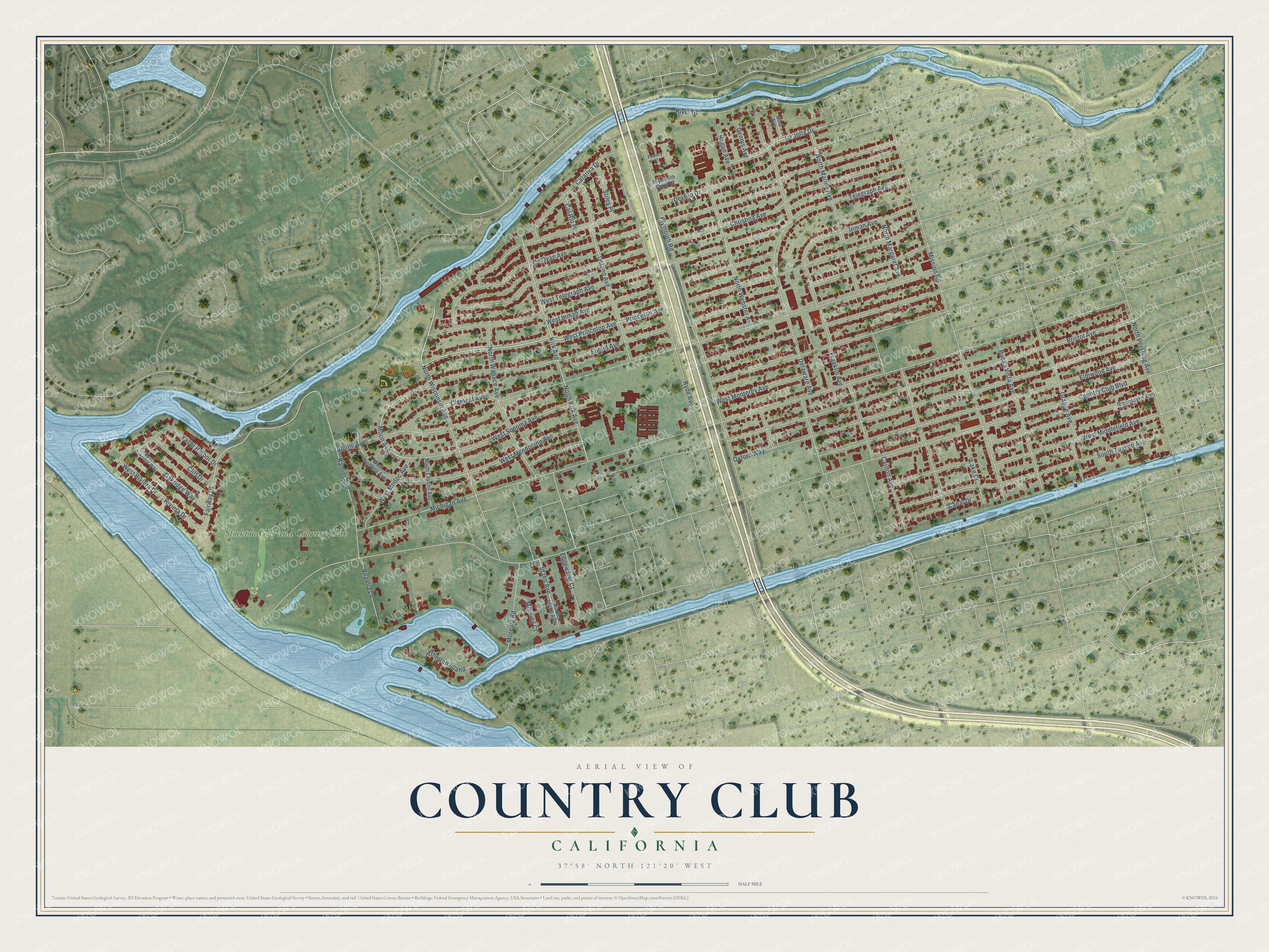 Full map of Country Club, California, with red buildings, printed street names and the land around them