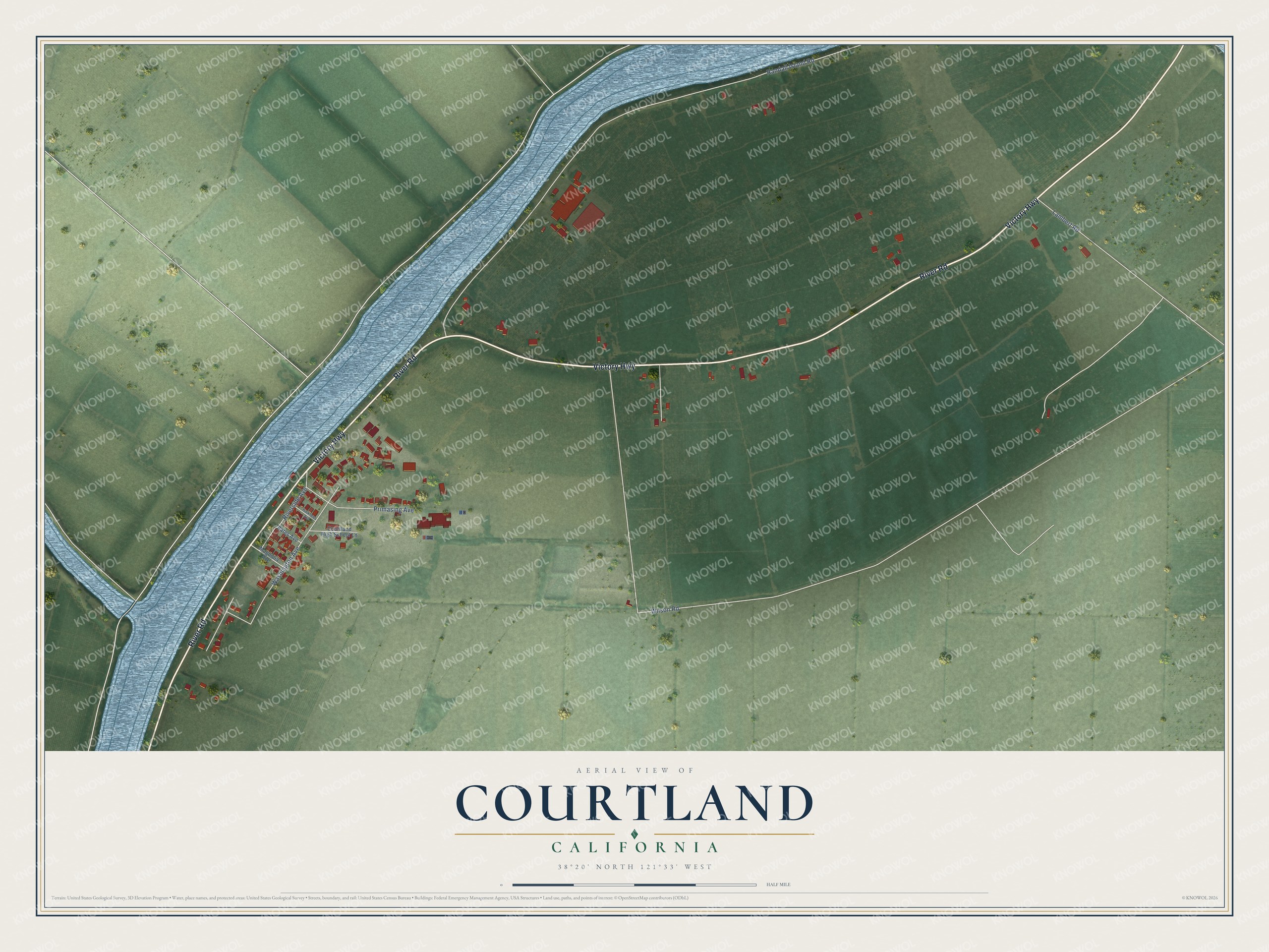 Full map of Courtland, California, with red buildings, printed street names and the land around them