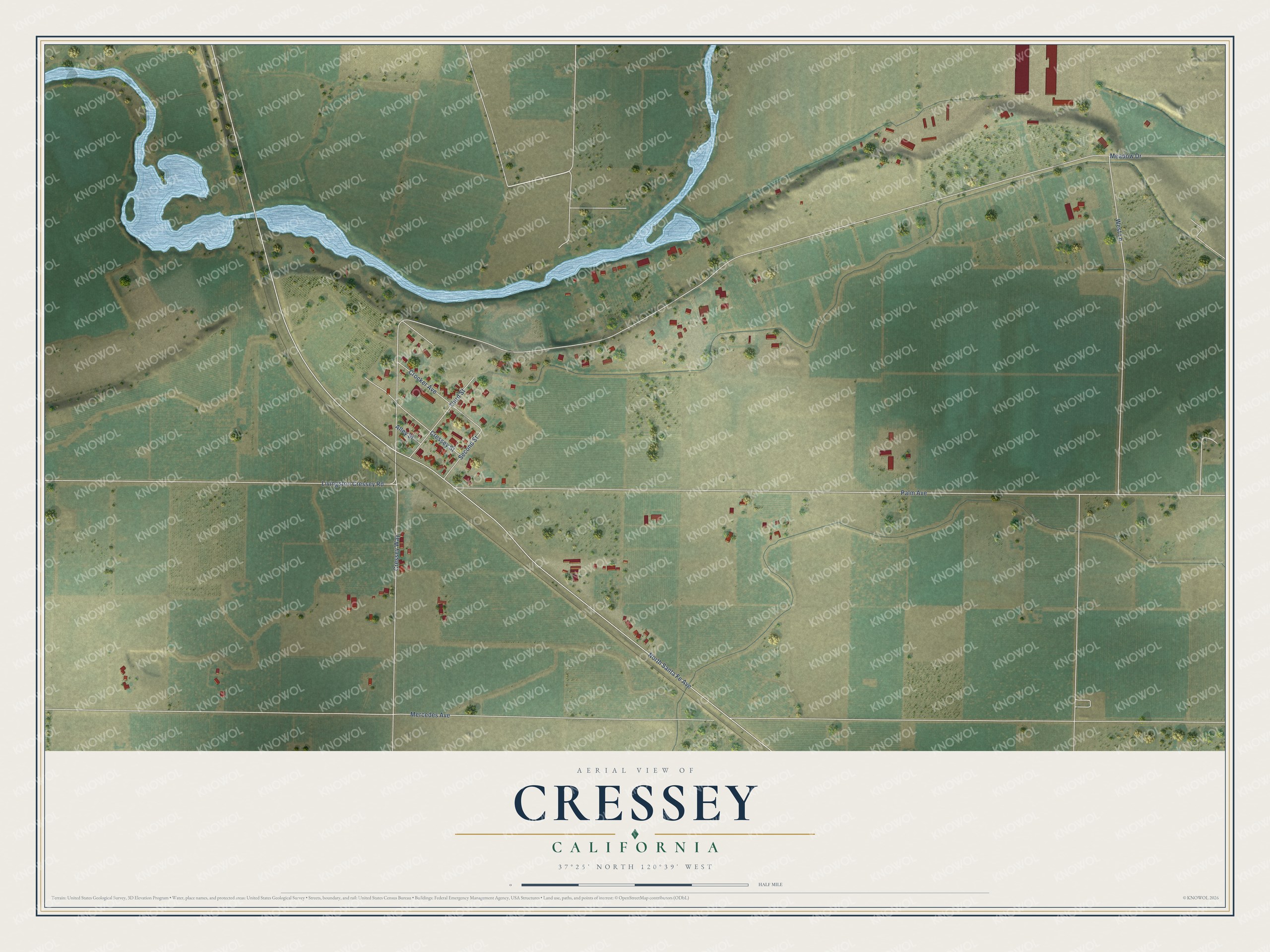 Full map of Cressey, California, with red buildings, printed street names and the land around them