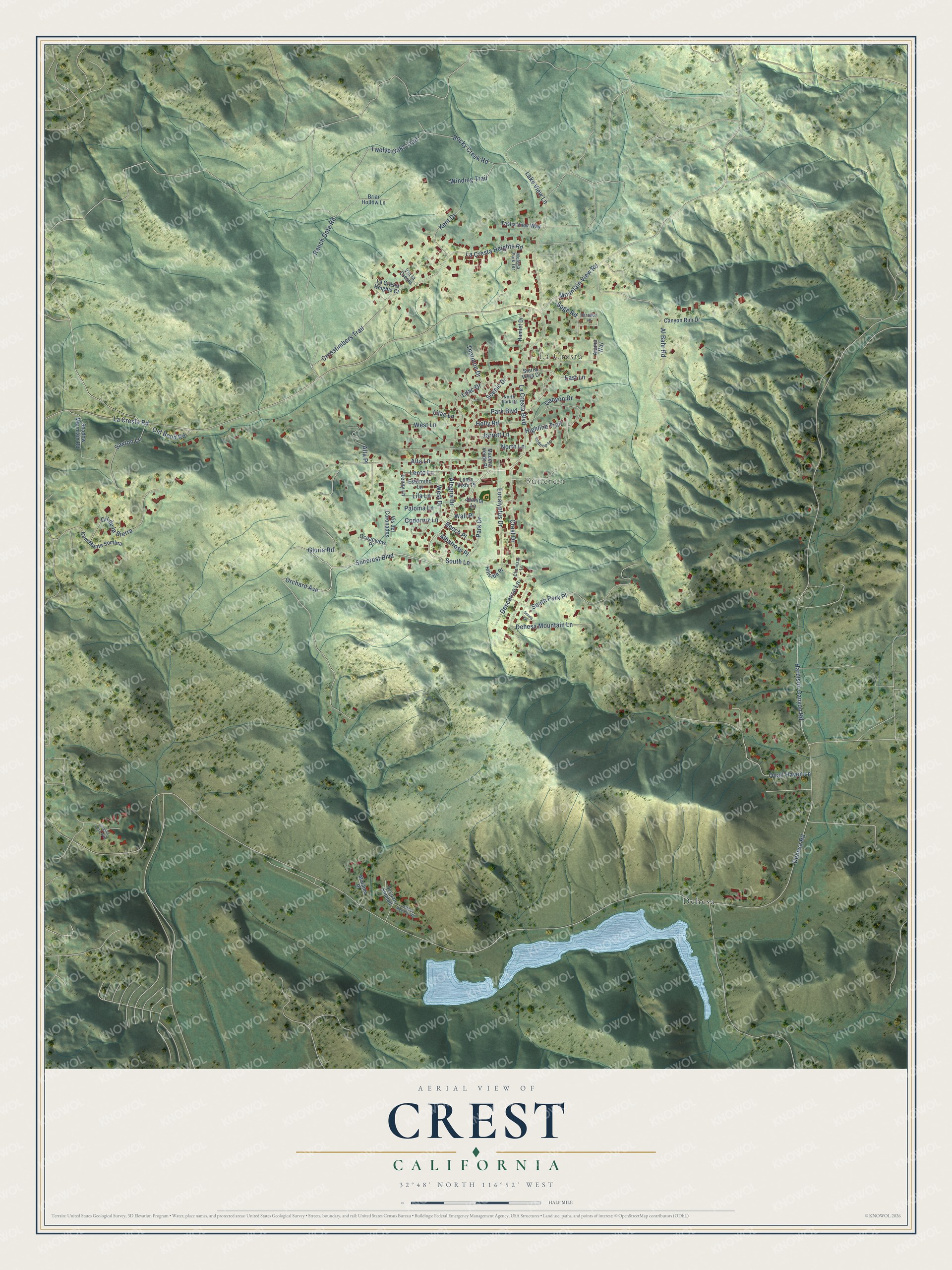 Full map of Crest, California, with red buildings, printed street names and the land around them