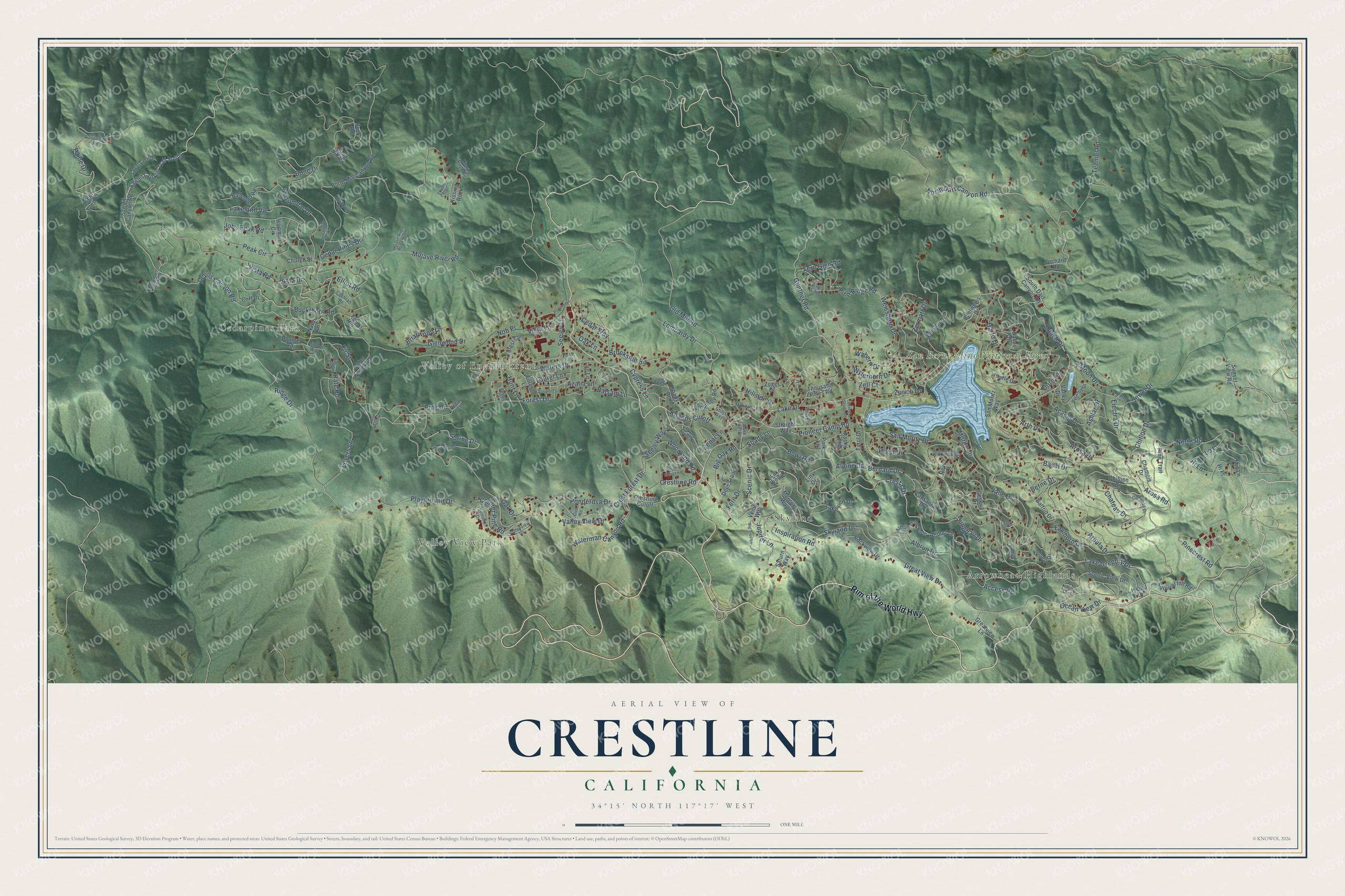 Full map of Crestline, California, with red buildings, printed street names and the land around them