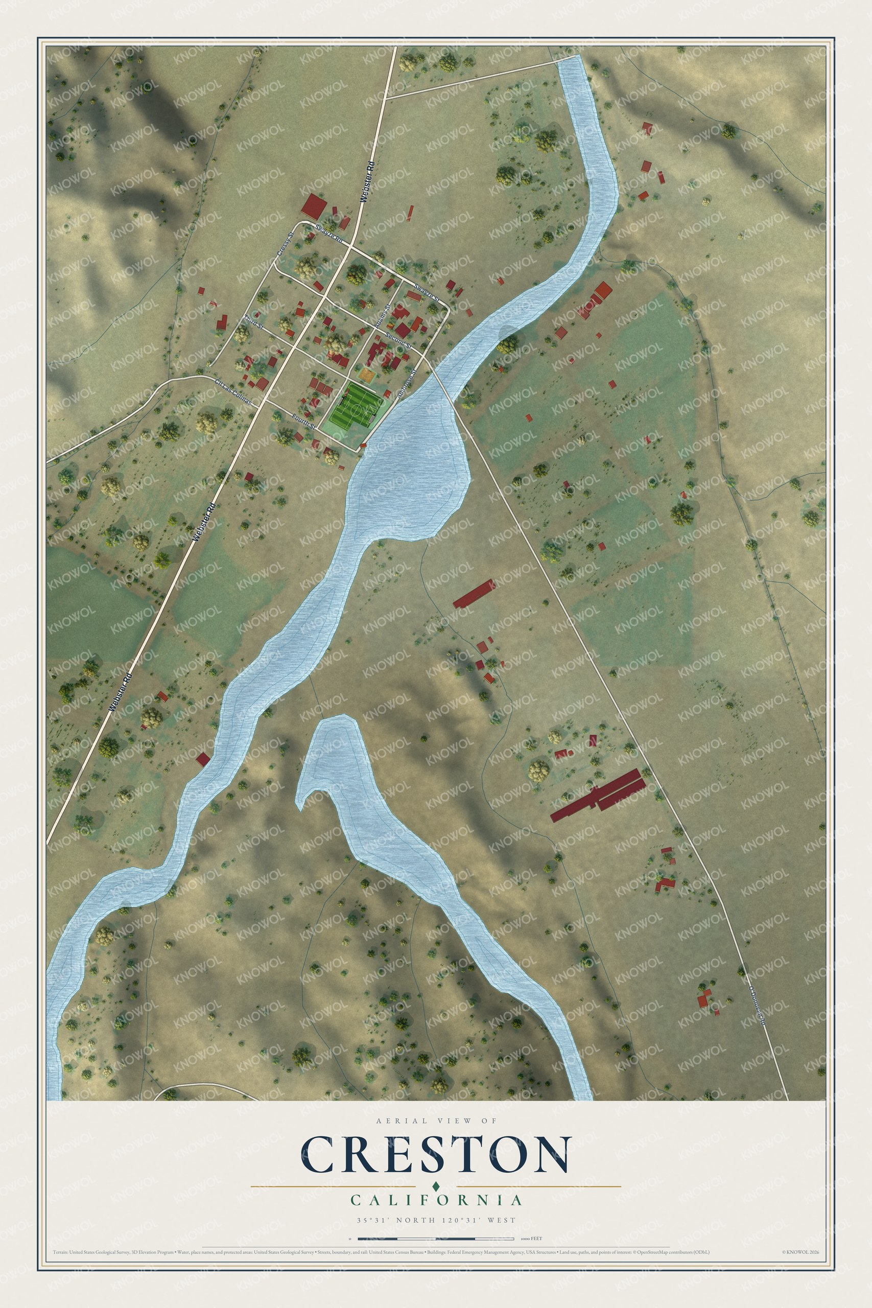 Full map of Creston, California, with red buildings, printed street names and the land around them