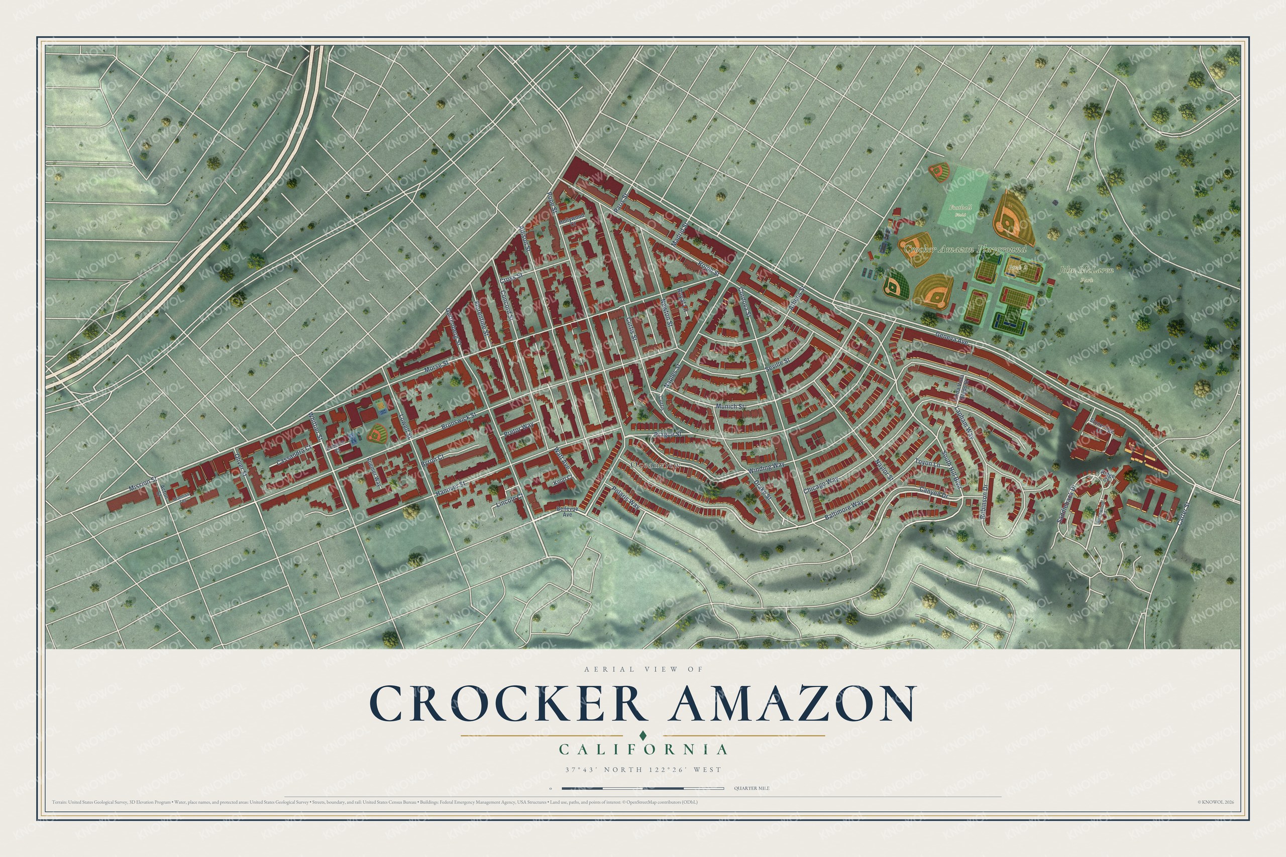Full map of Crocker Amazon, California, with red buildings, printed street names and the land around them
