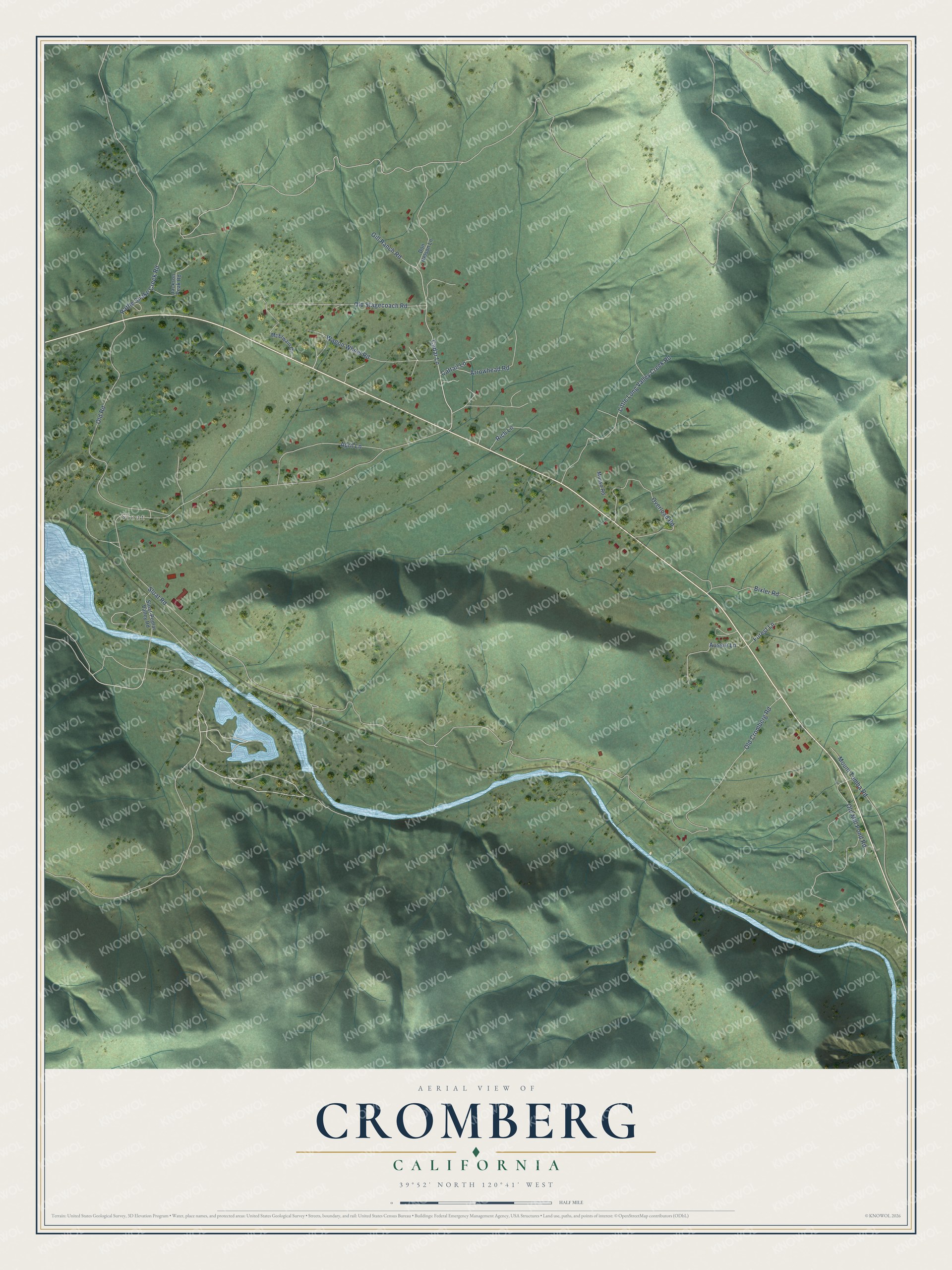 Full map of Cromberg, California, with red buildings, printed street names and the land around them