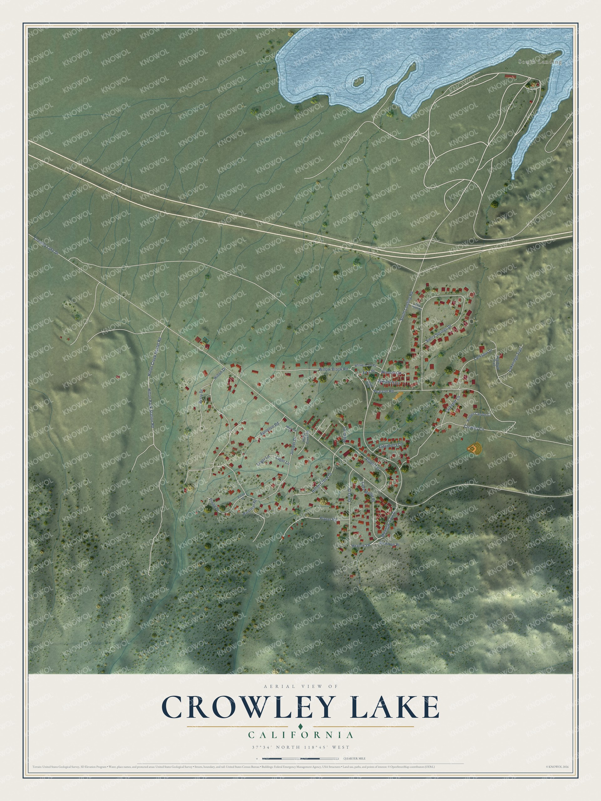 Full map of Crowley Lake, California, with red buildings, printed street names and the land around them