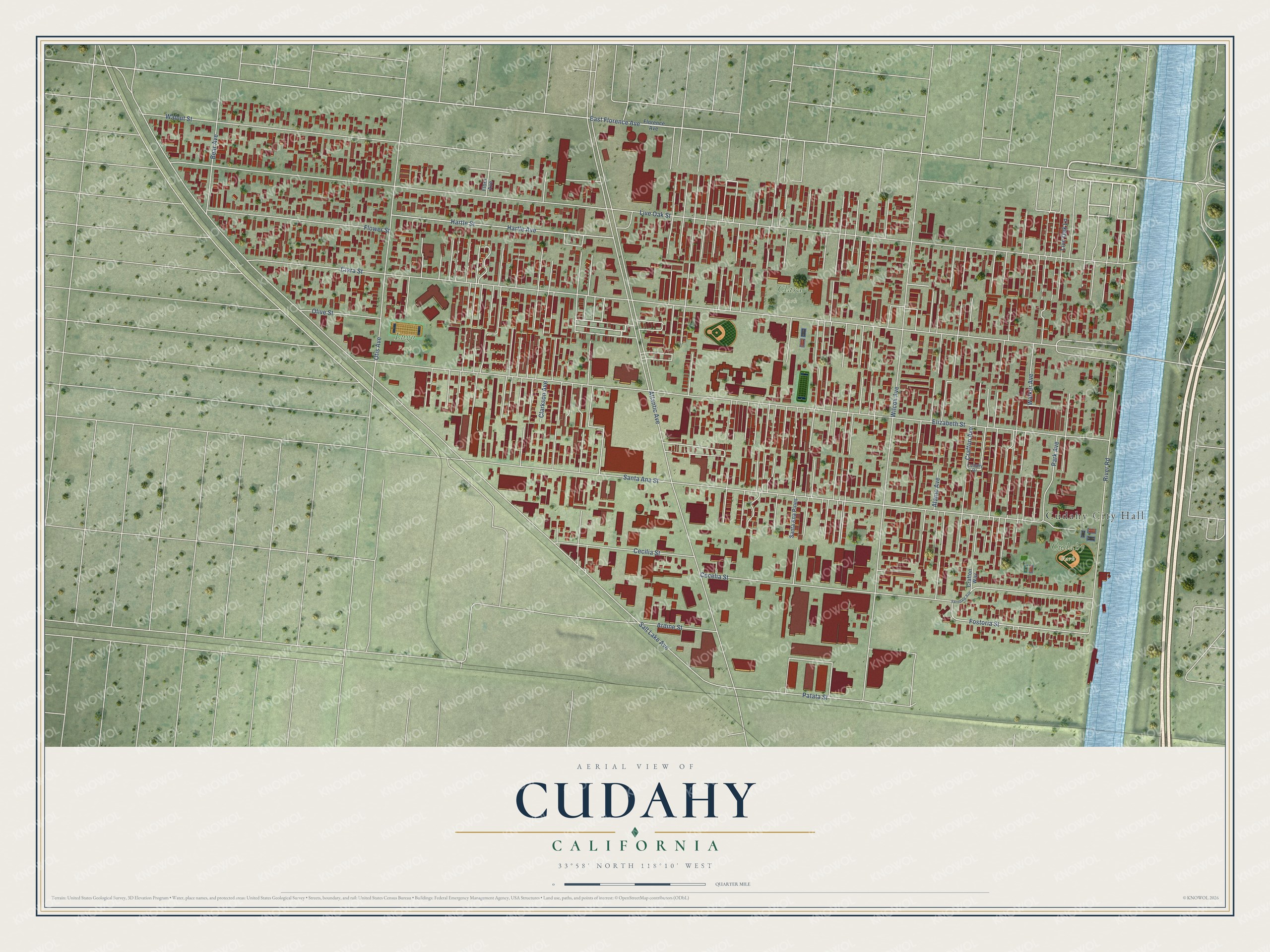 Full map of Cudahy, California, with red buildings, printed street names and the land around them