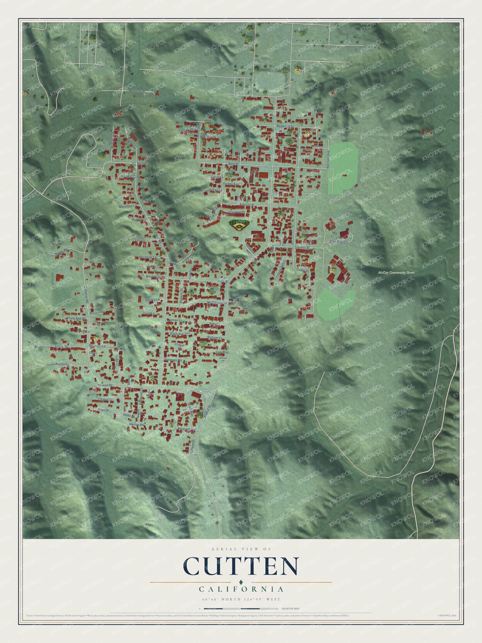 Full map of Cutten, California, with red buildings, printed street names and the land around them