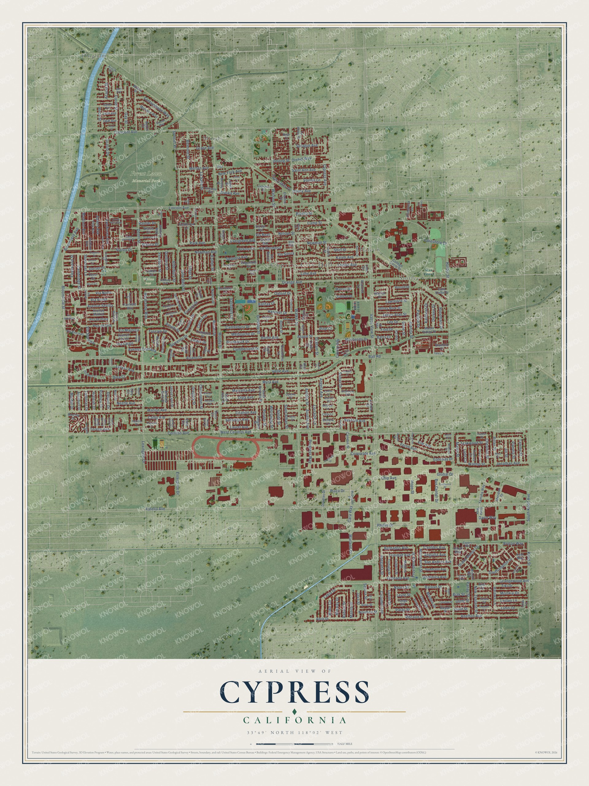 Full map of Cypress, California, with red buildings, printed street names and the land around them