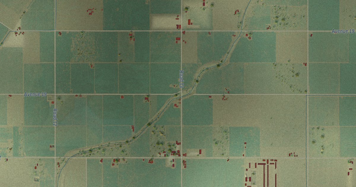 Close-up of streets and buildings in Dairyland, California