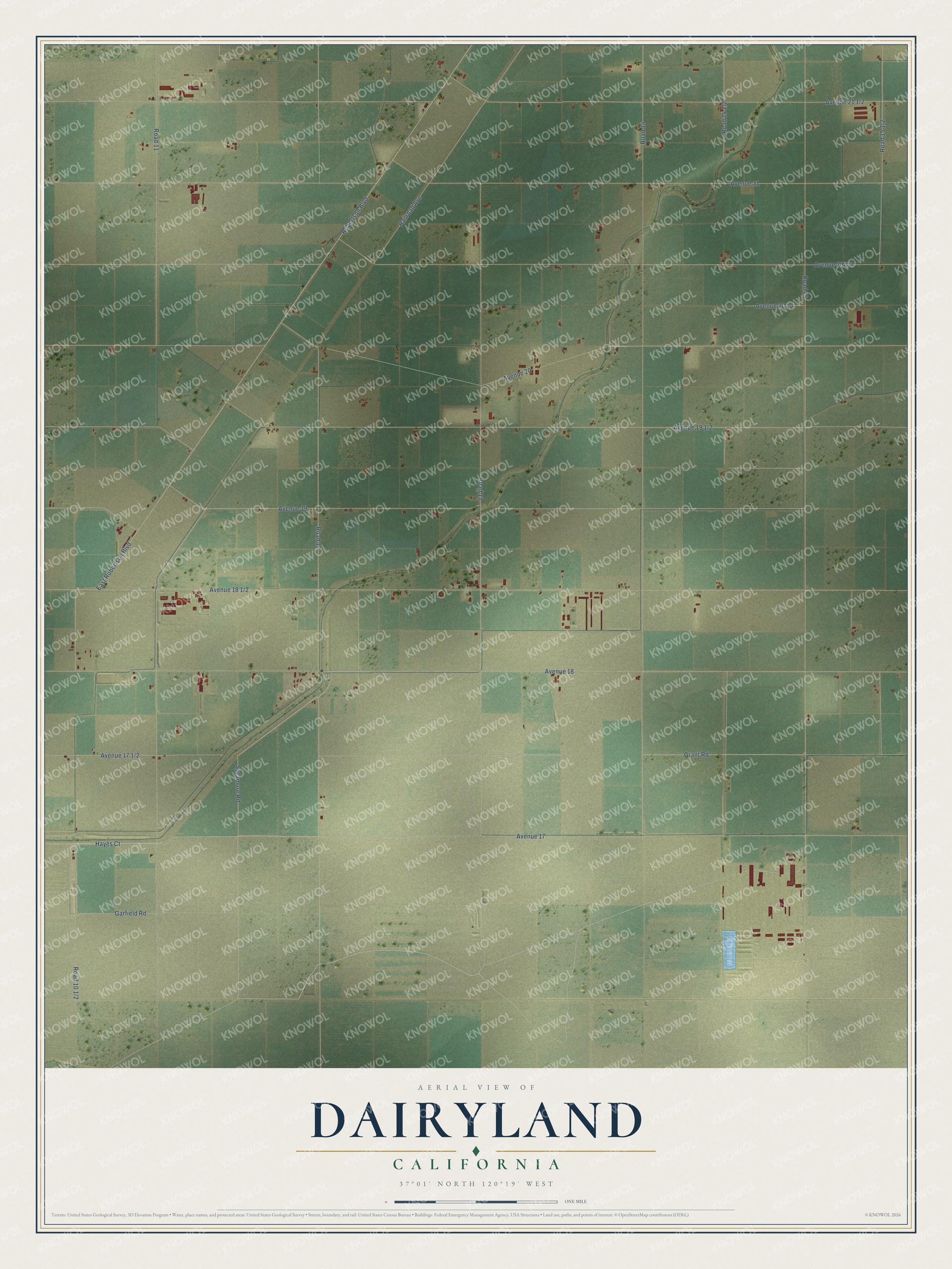 Full map of Dairyland, California, with red buildings, printed street names and the land around them