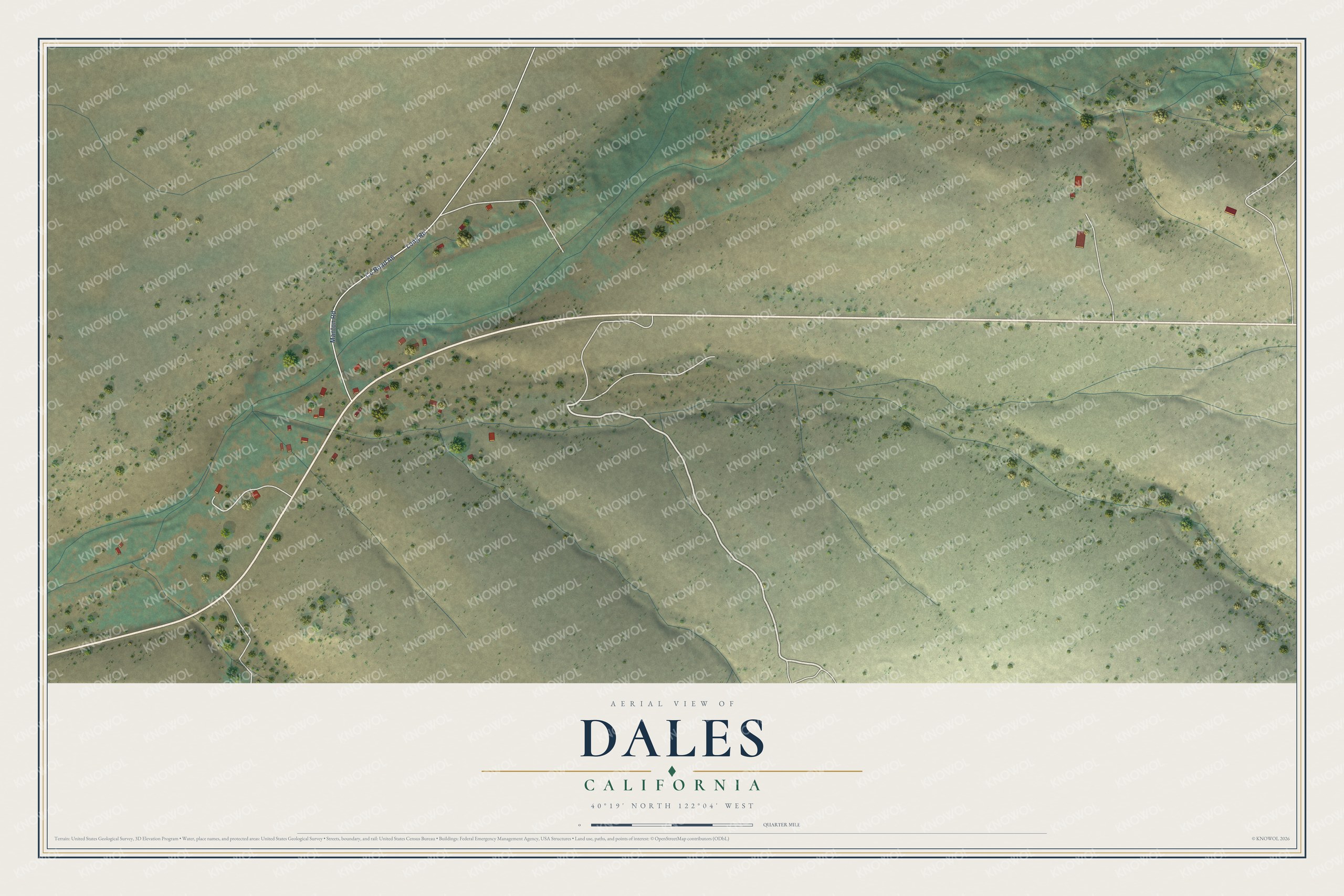 Full map of Dales, California, with red buildings, printed street names and the land around them