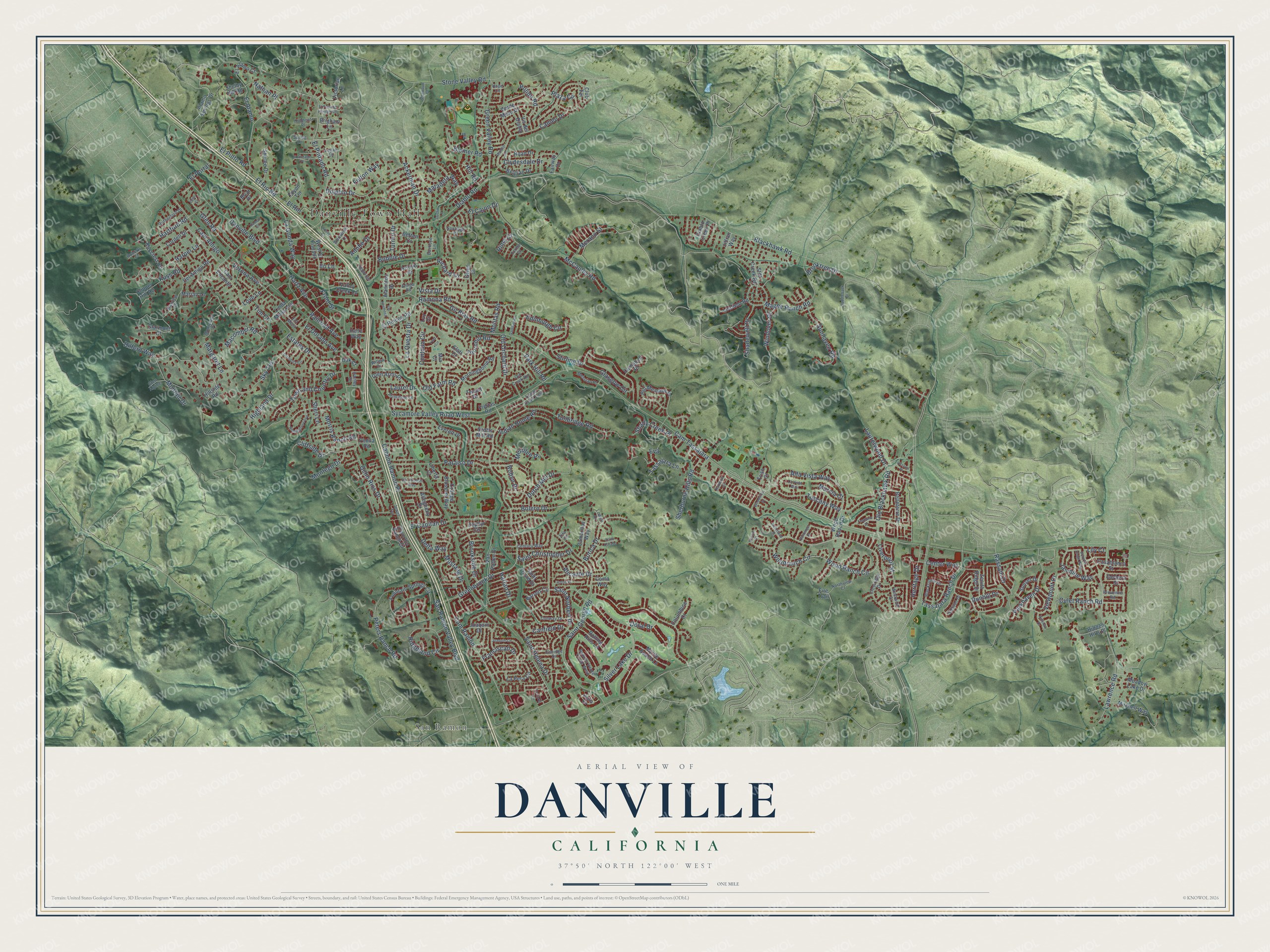 Full map of Danville, California, with red buildings, printed street names and the land around them