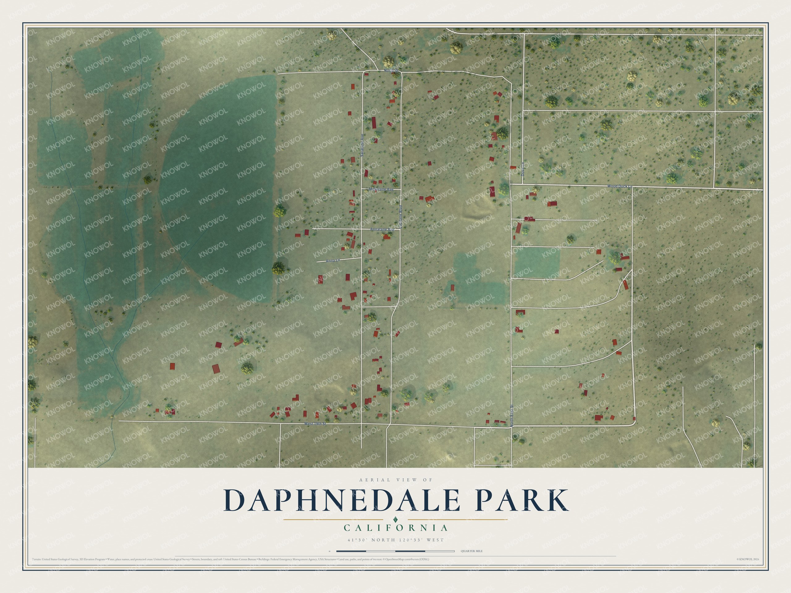 Full map of Daphnedale Park, California, with red buildings, printed street names and the land around them