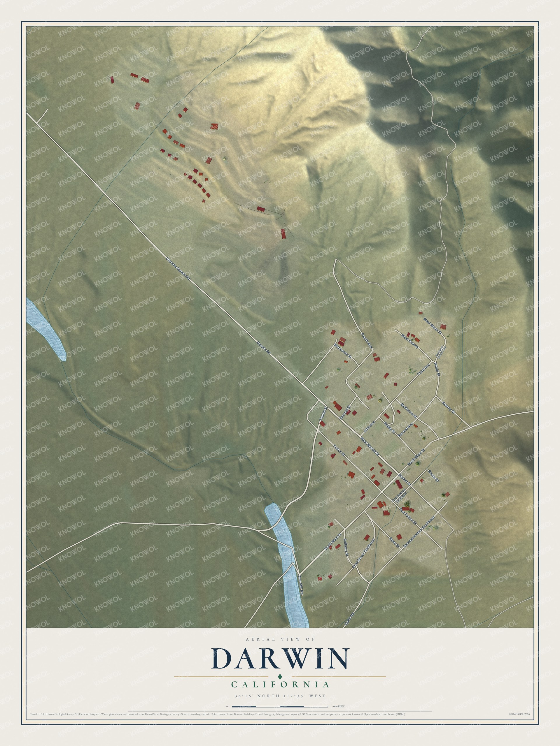 Full map of Darwin, California, with red buildings, printed street names and the land around them