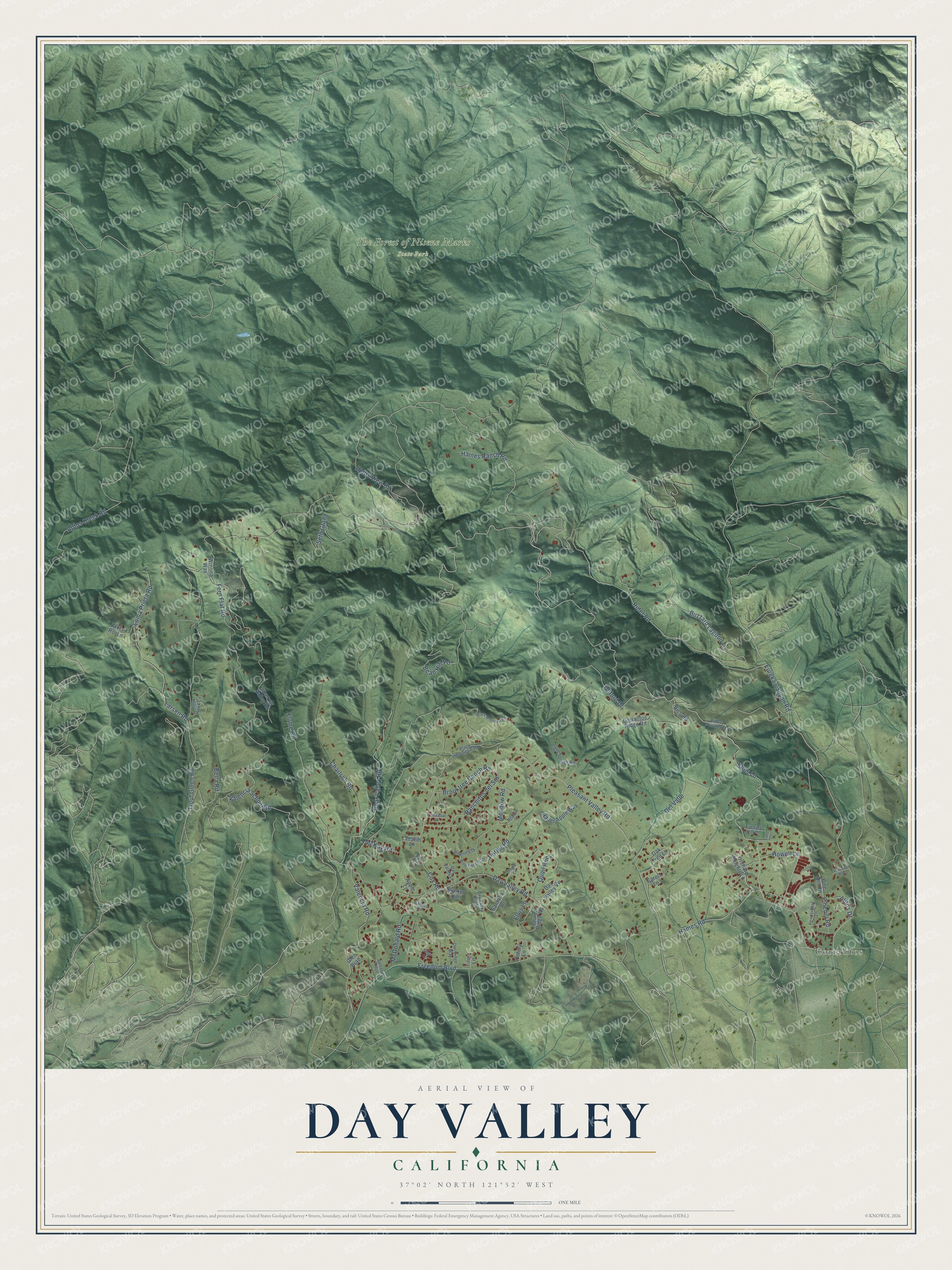 Full map of Day Valley, California, with red buildings, printed street names and the land around them