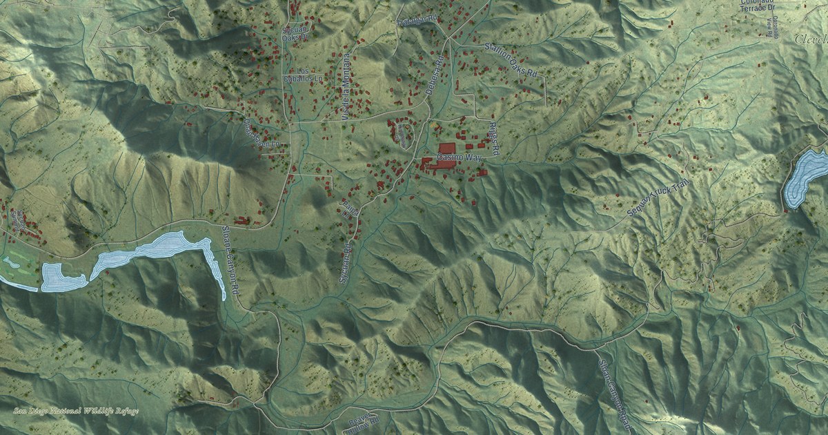 Close-up of streets and buildings in Dehesa, California