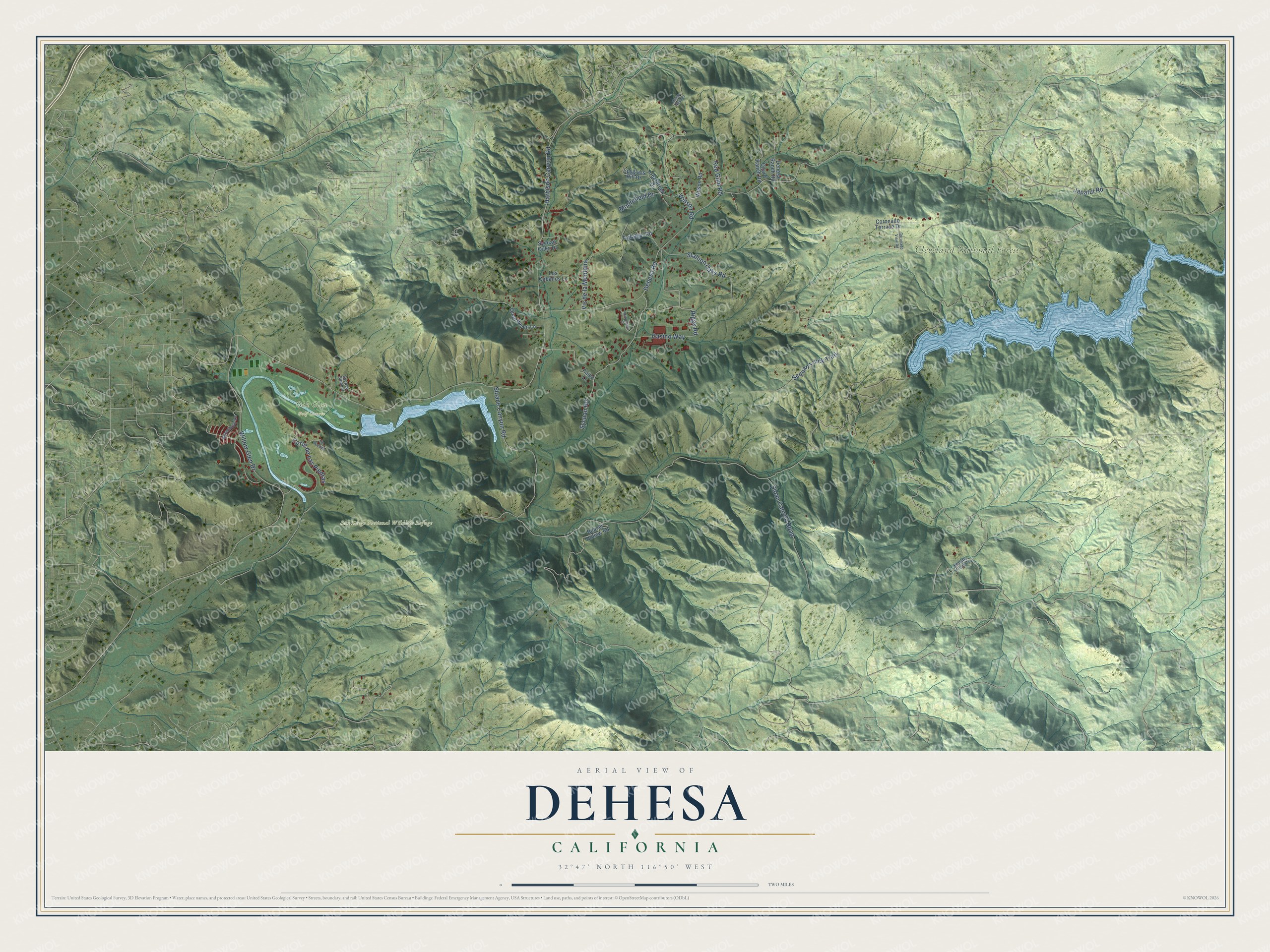 Full map of Dehesa, California, with red buildings, printed street names and the land around them