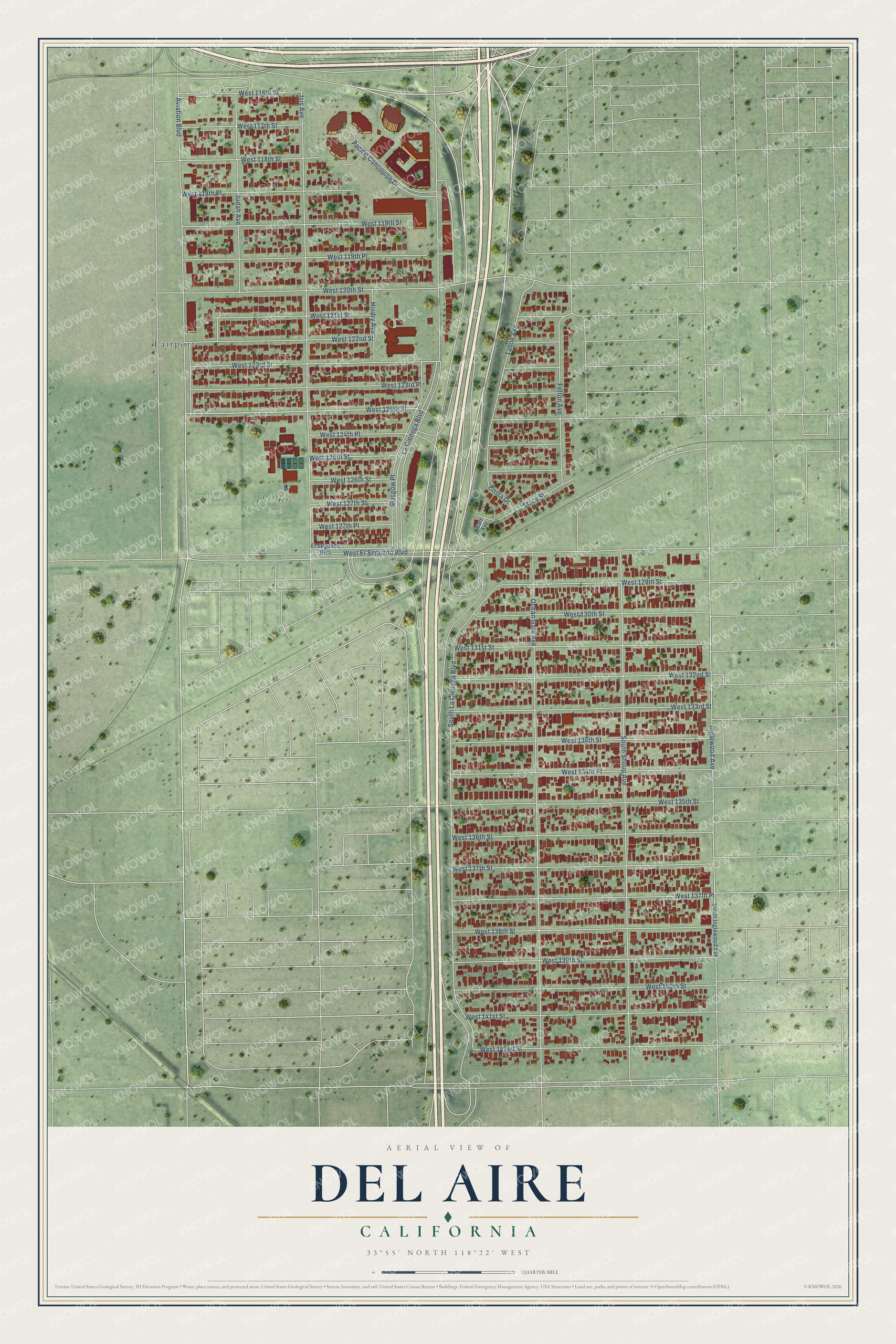 Full map of Del Aire, California, with red buildings, printed street names and the land around them