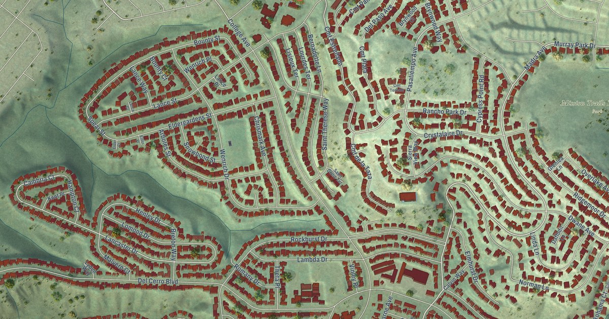 Close-up of streets and buildings in Del Cerro, California