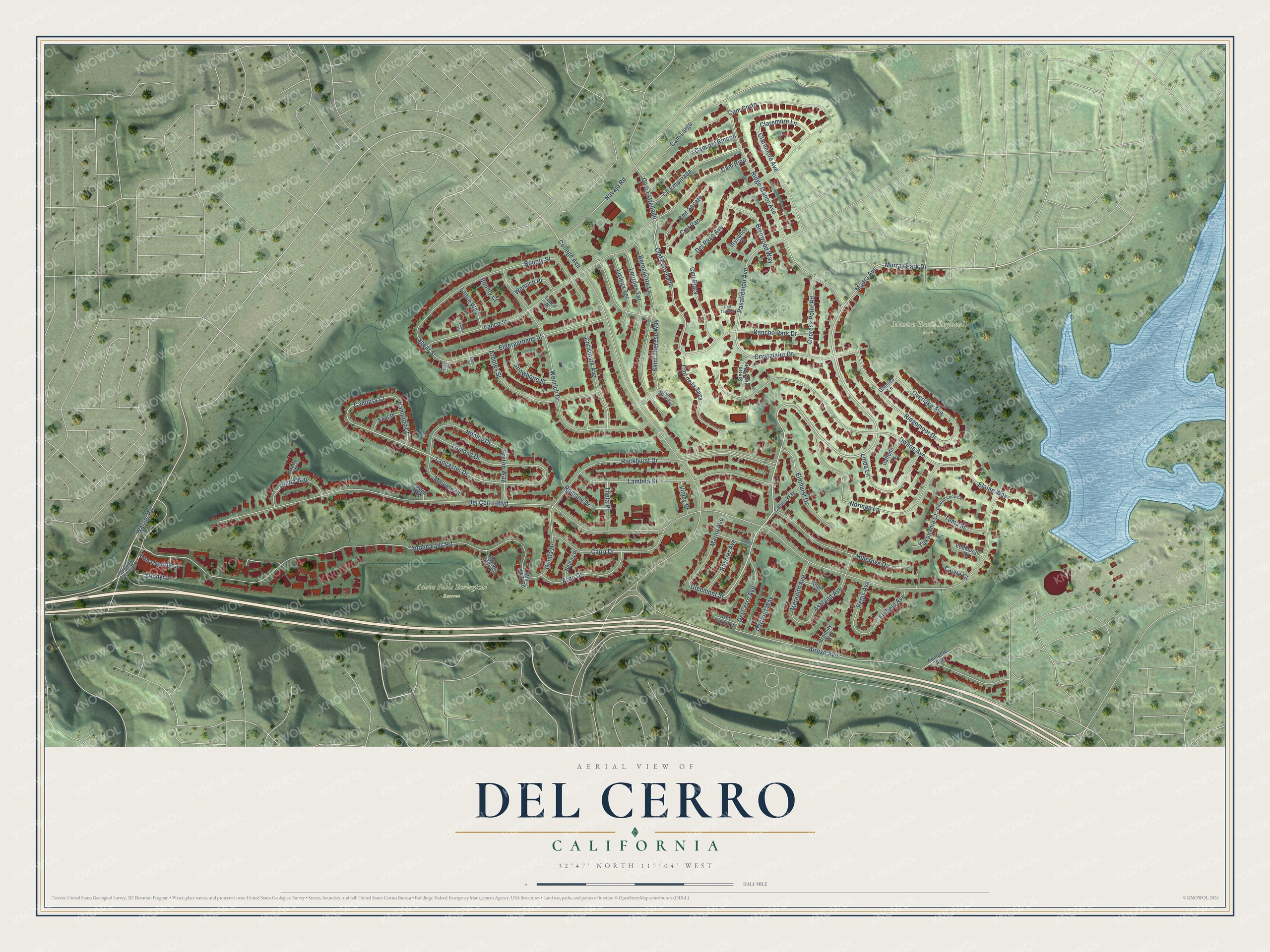 Full map of Del Cerro, California, with red buildings, printed street names and the land around them