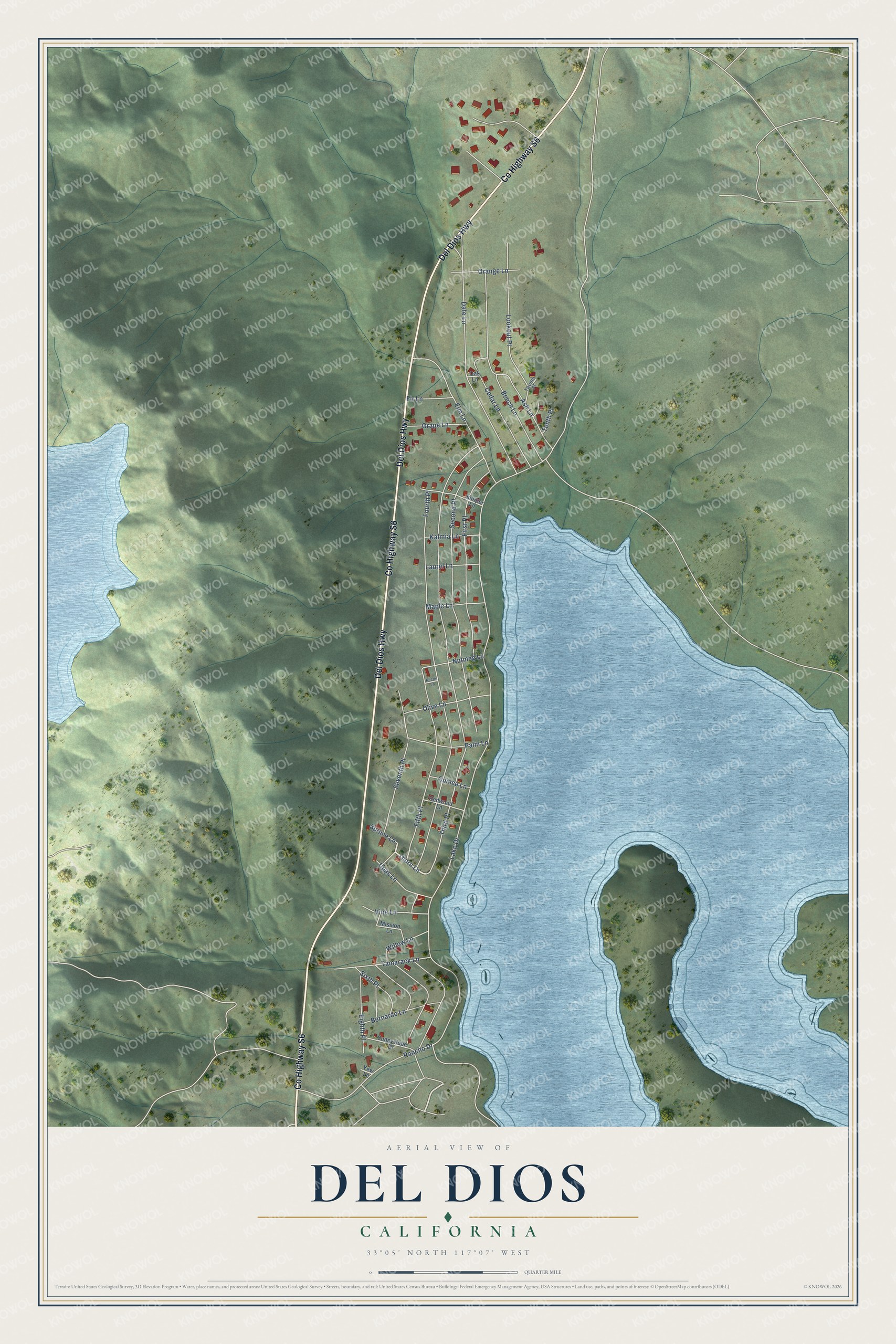 Full map of Del Dios, California, with red buildings, printed street names and the land around them