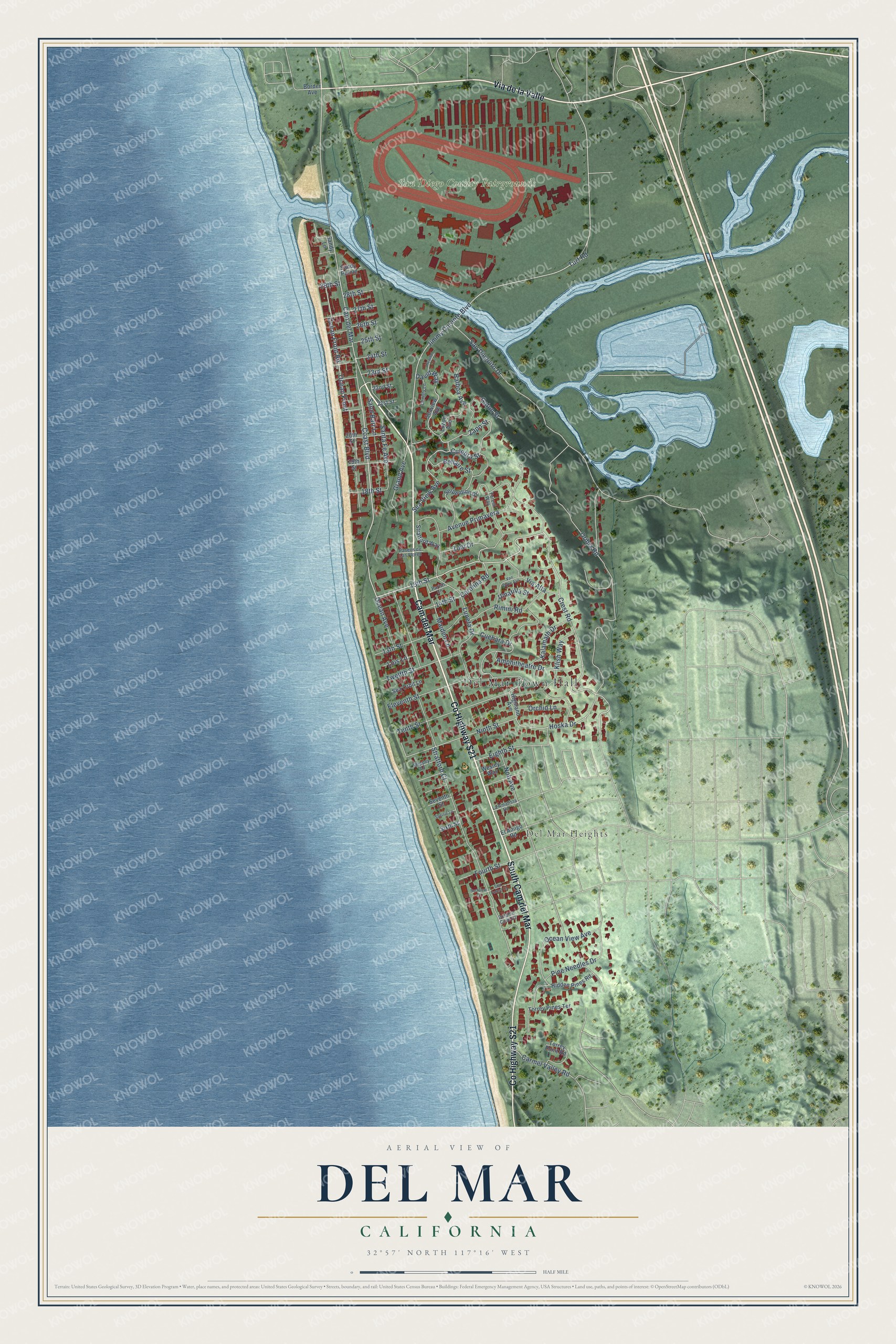 Full map of Del Mar, California, with red buildings, printed street names and the land around them