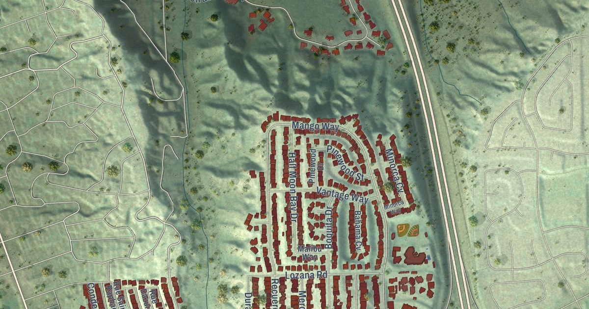 Close-up of streets and buildings in Del Mar Heights, California