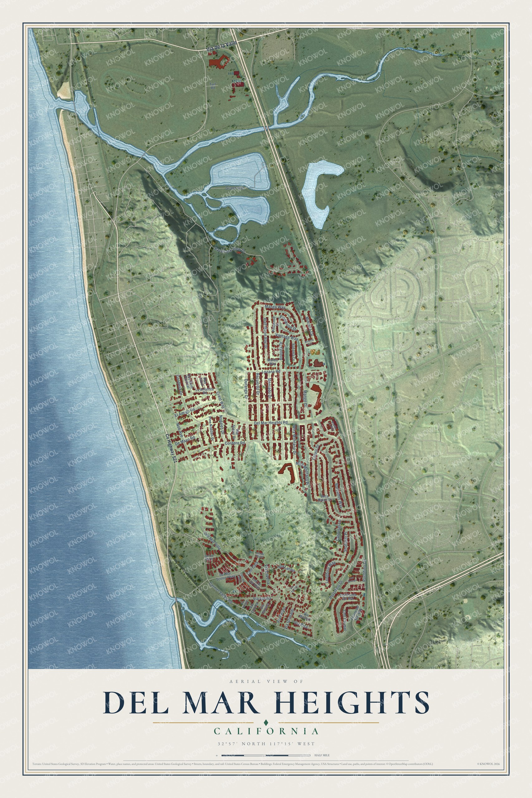 Full map of Del Mar Heights, California, with red buildings, printed street names and the land around them