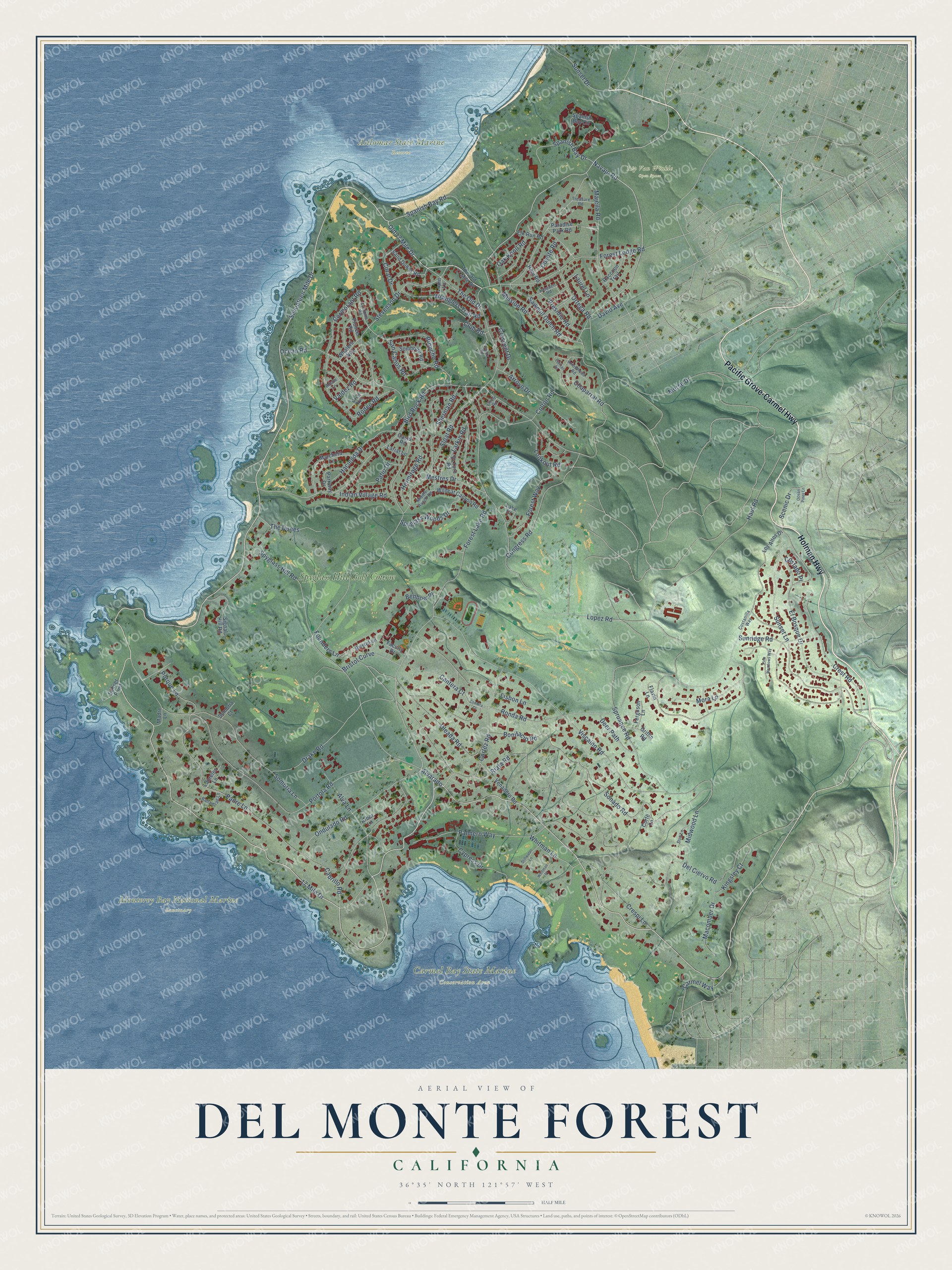 Full map of Del Monte Forest, California, with red buildings, printed street names and the land around them