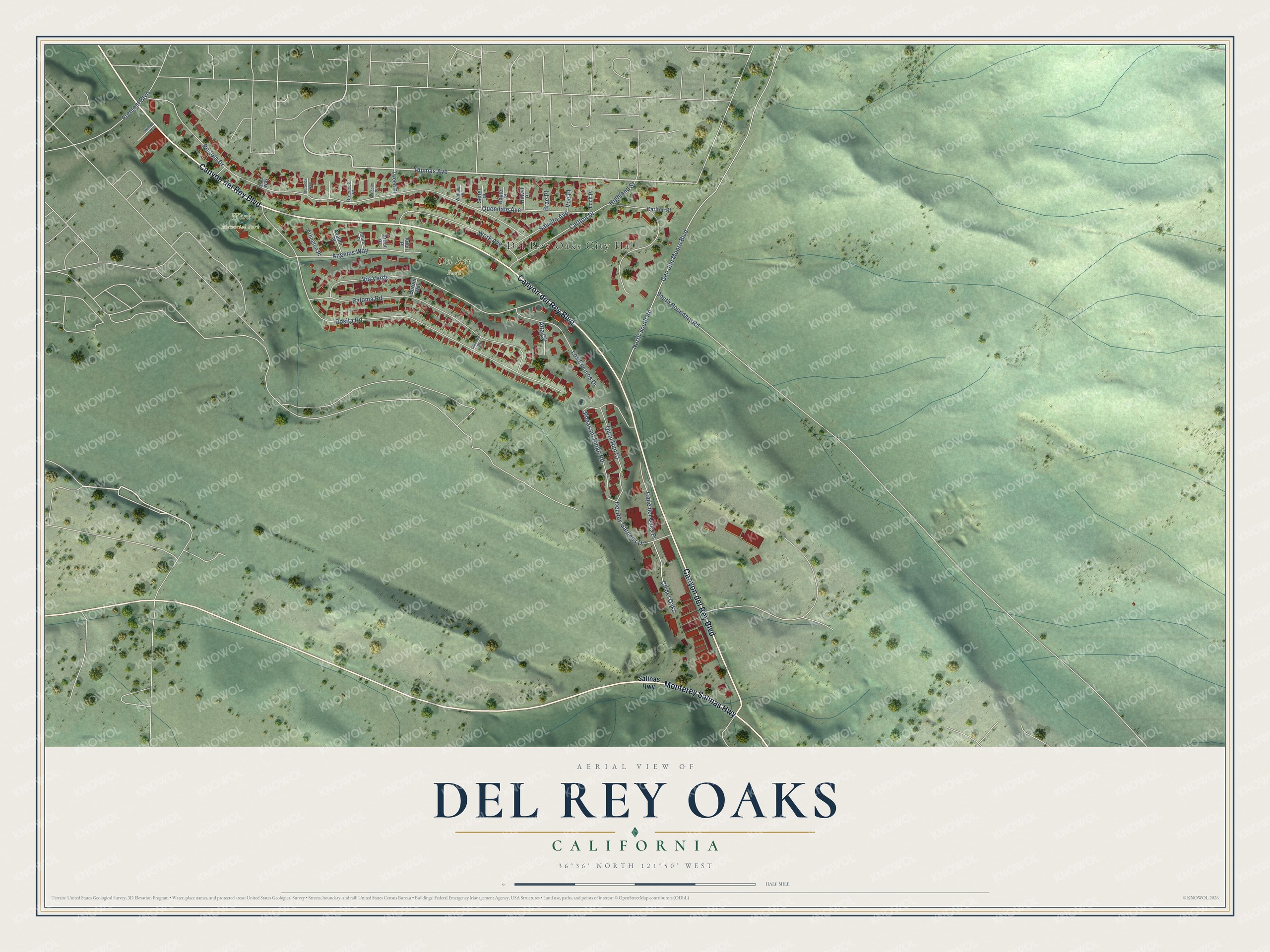 Full map of Del Rey Oaks, California, with red buildings, printed street names and the land around them