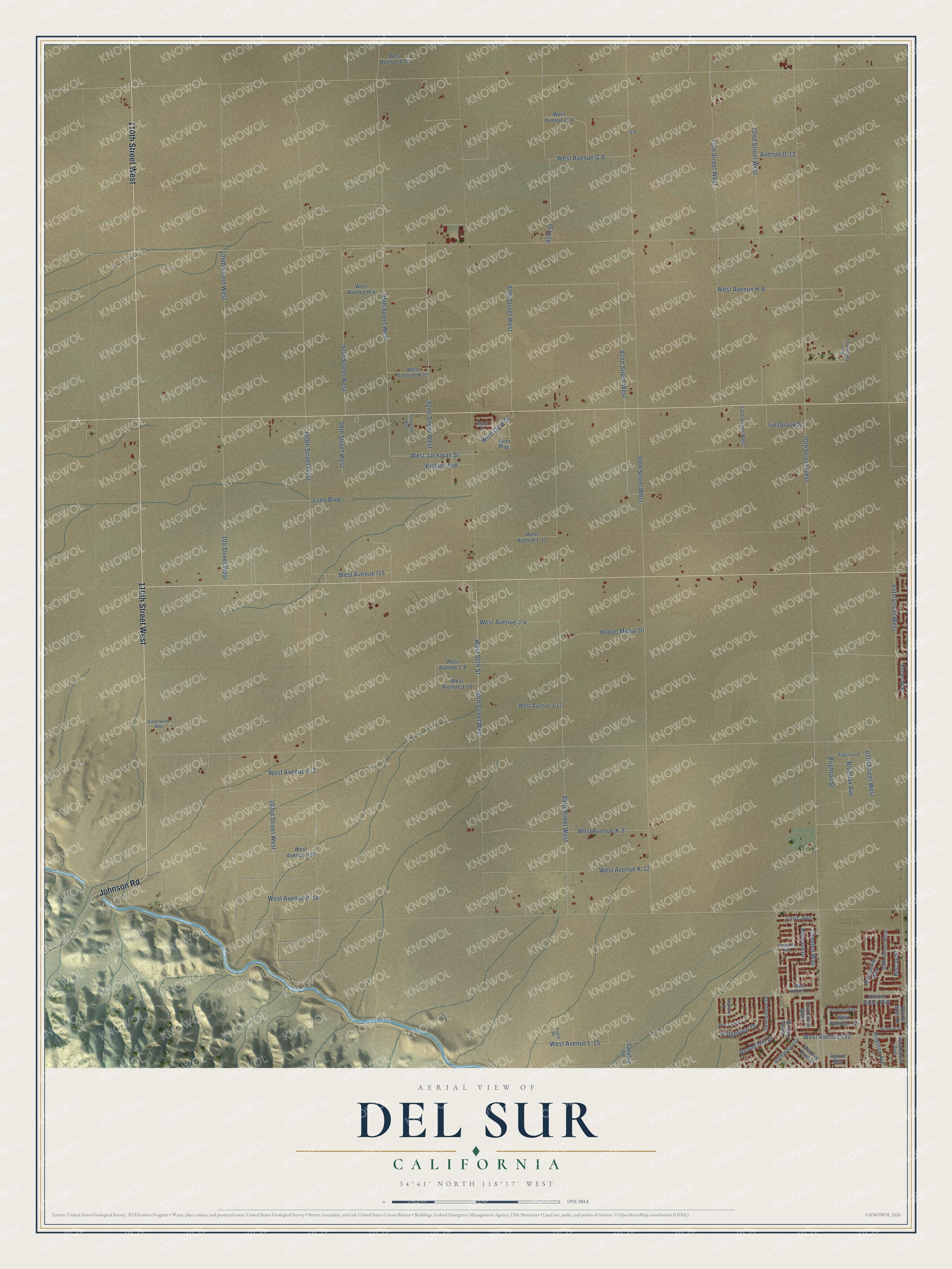 Full map of Del Sur, California, with red buildings, printed street names and the land around them