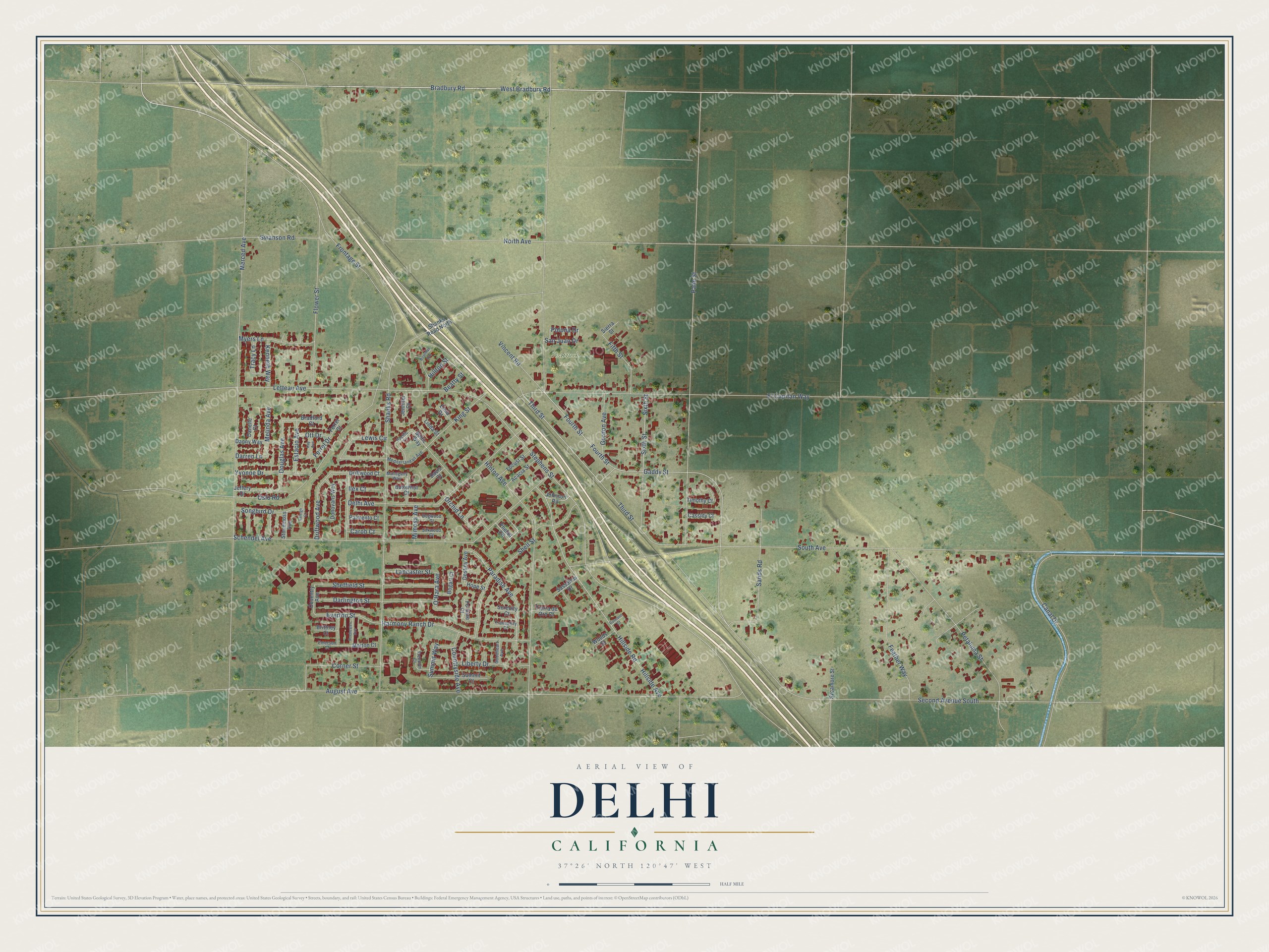 Full map of Delhi, California, with red buildings, printed street names and the land around them