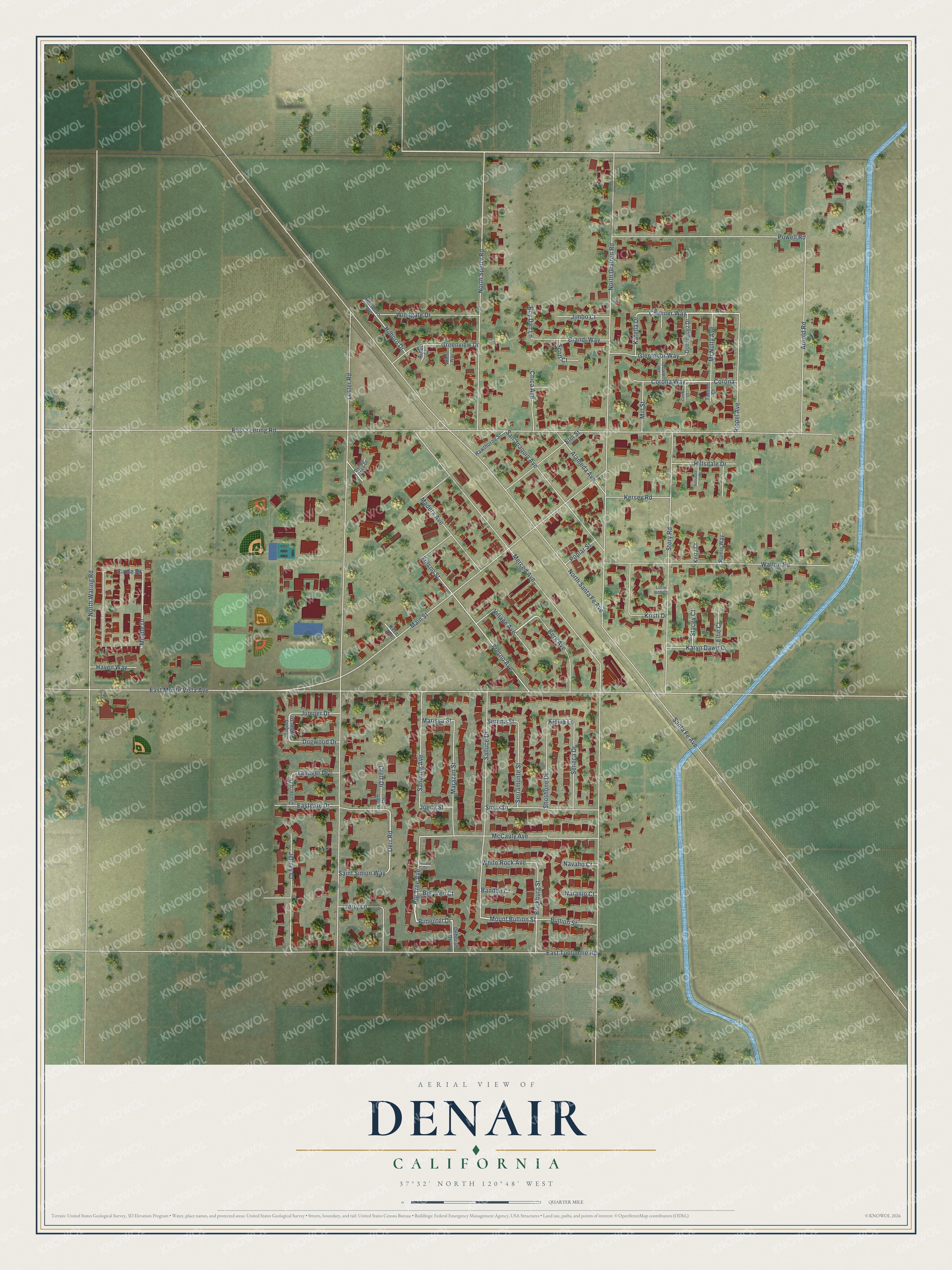 Full map of Denair, California, with red buildings, printed street names and the land around them