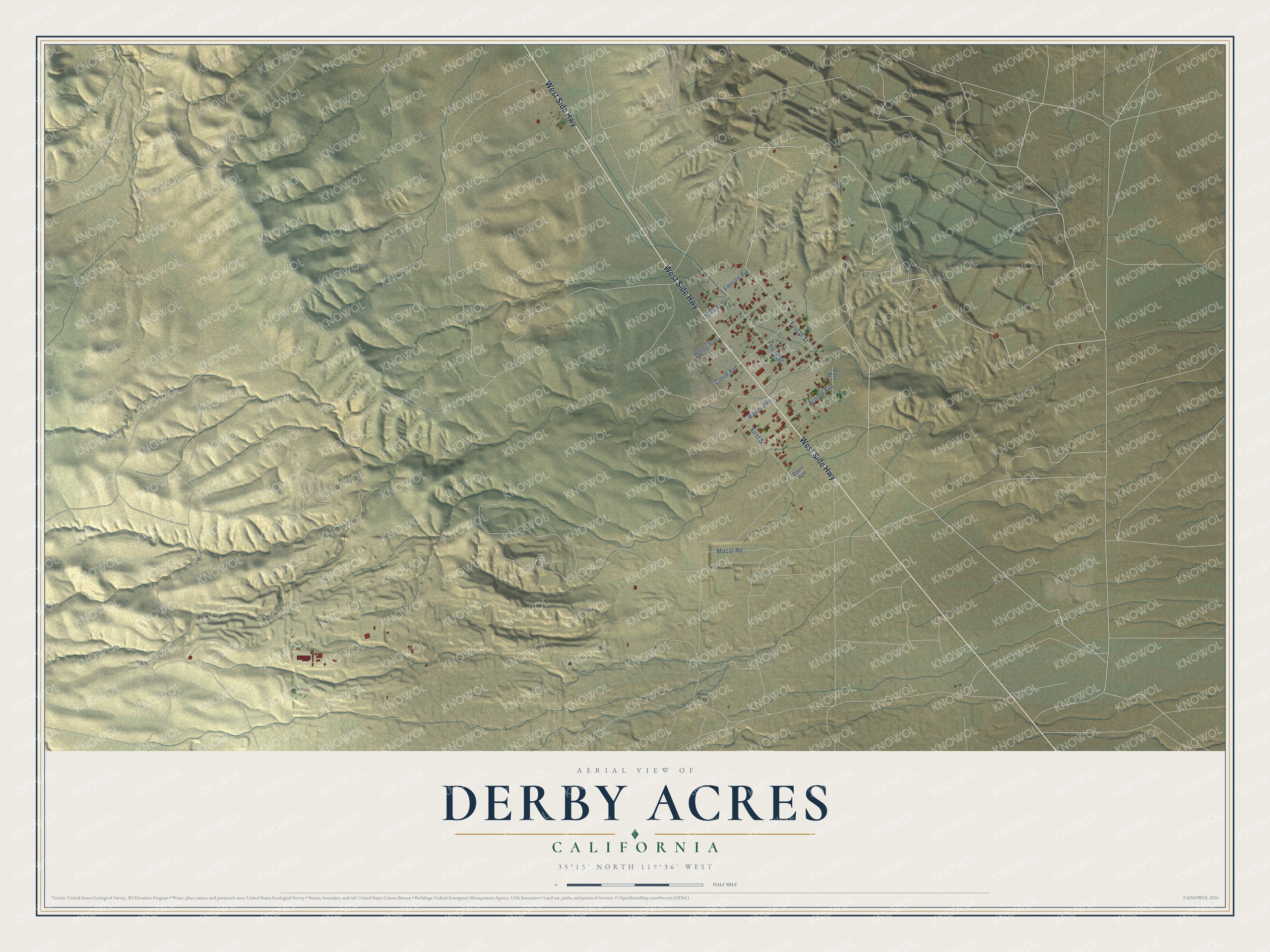 Full map of Derby Acres, California, with red buildings, printed street names and the land around them