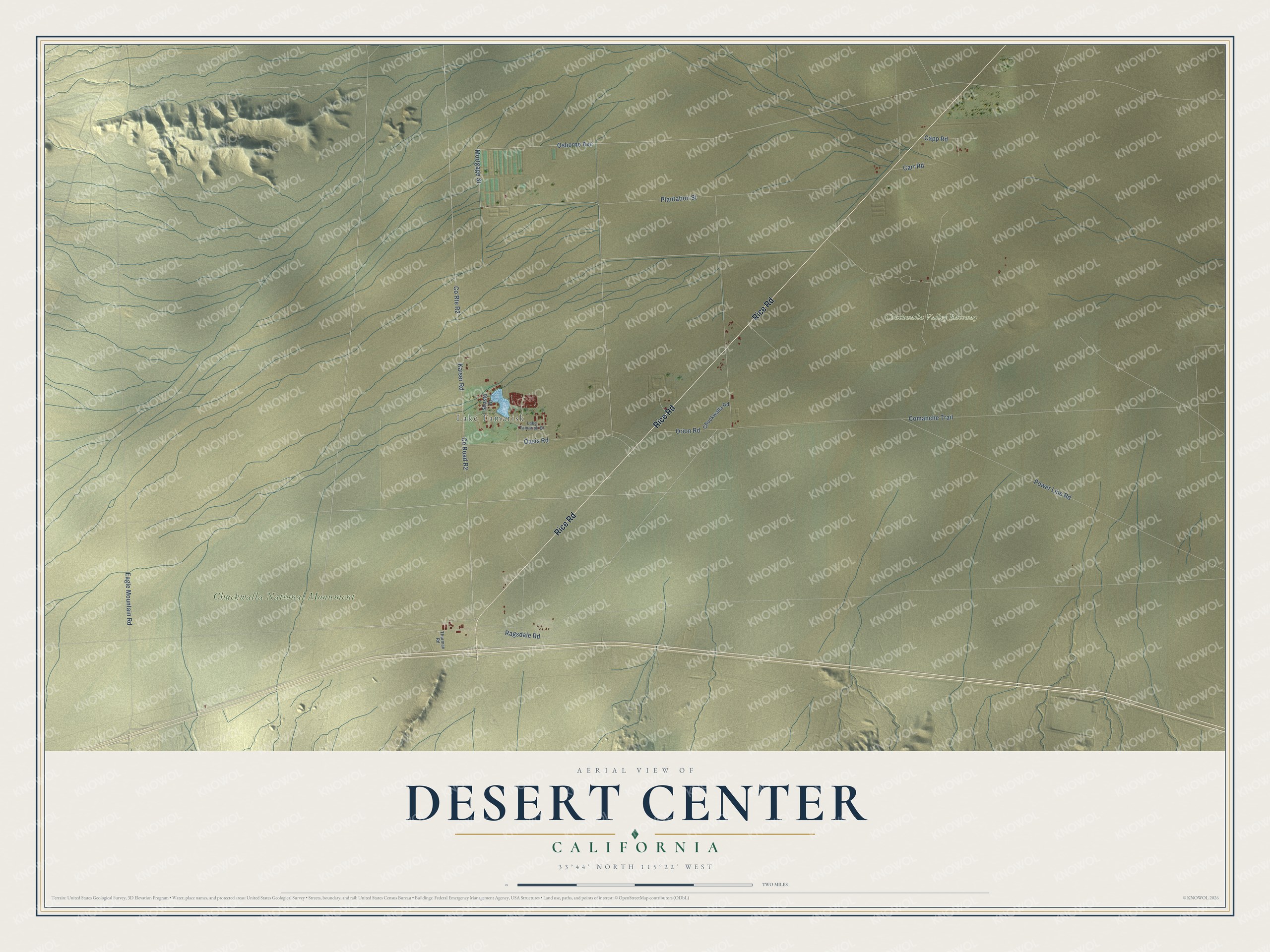 Full map of Desert Center, California, with red buildings, printed street names and the land around them
