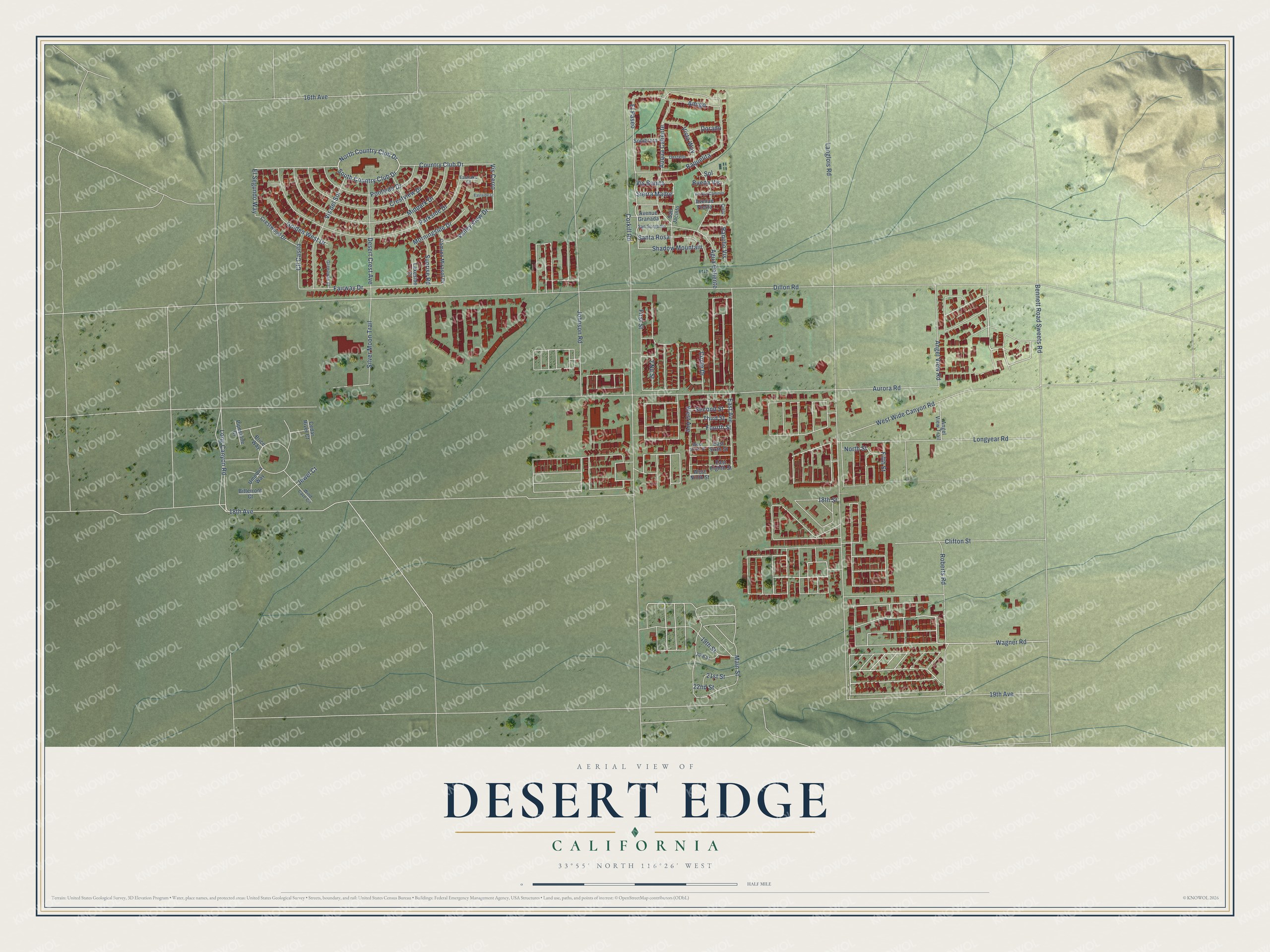 Full map of Desert Edge, California, with red buildings, printed street names and the land around them