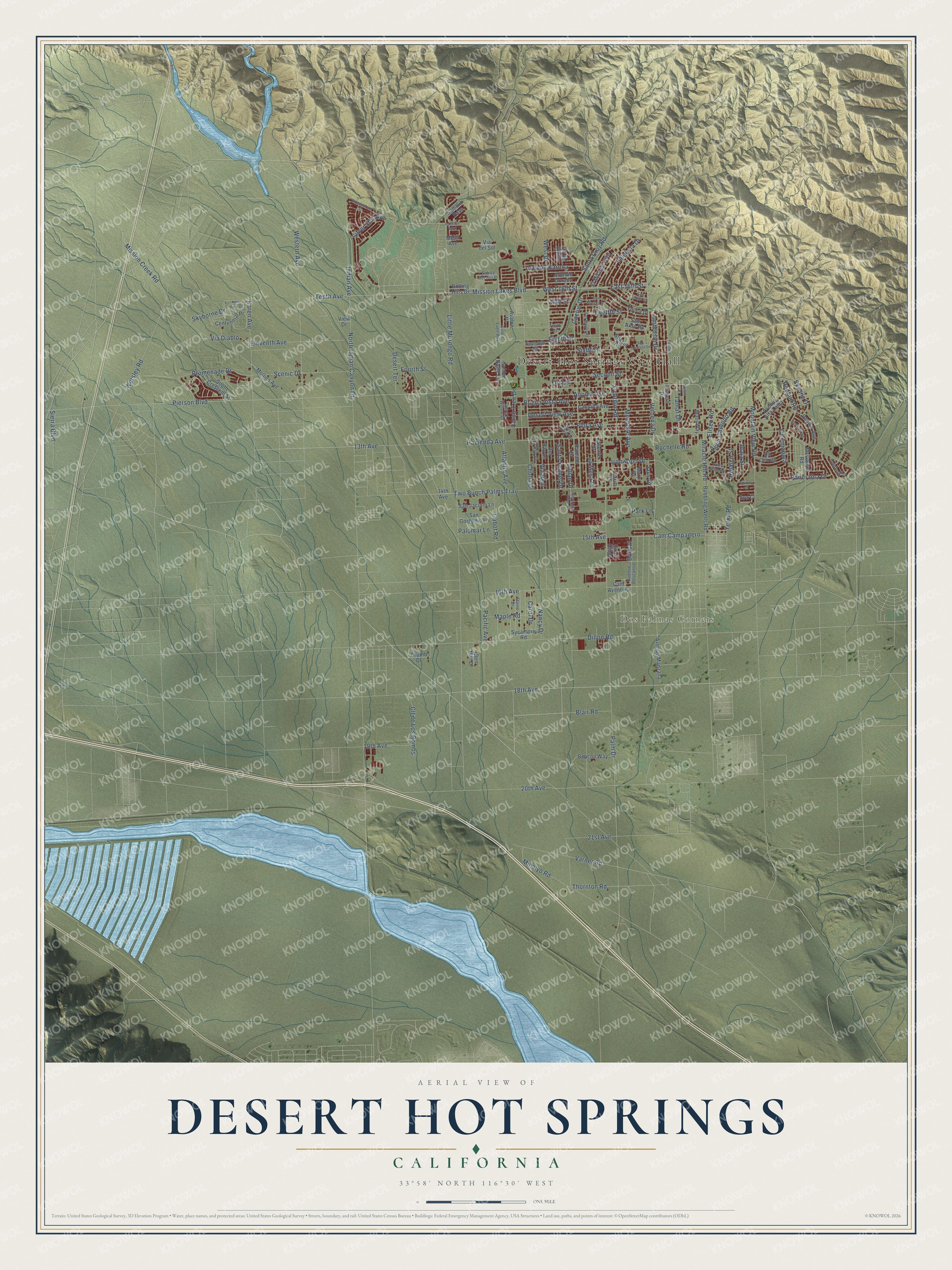 Full map of Desert Hot Springs, California, with red buildings, printed street names and the land around them