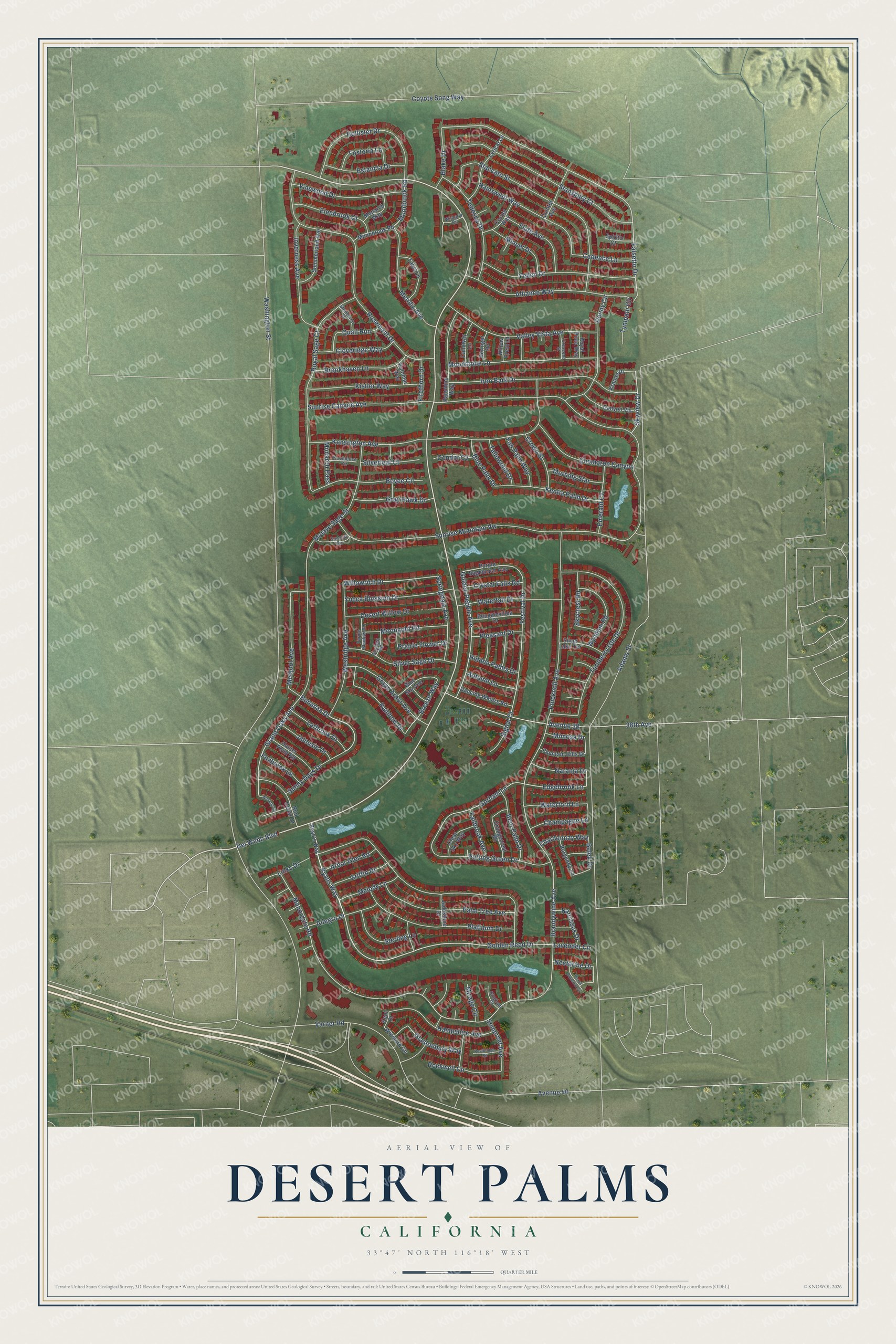 Full map of Desert Palms, California, with red buildings, printed street names and the land around them