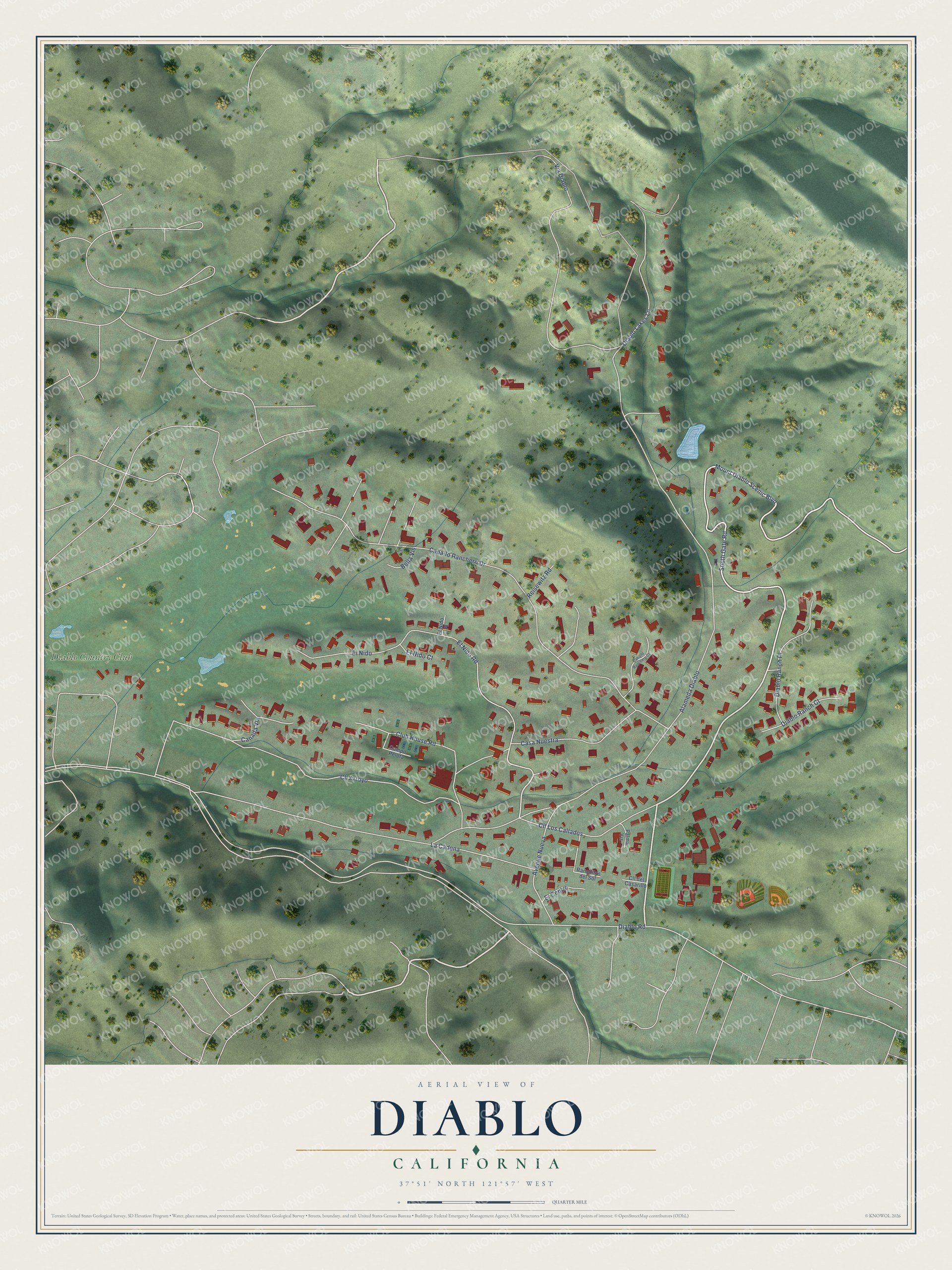 Full map of Diablo, California, with red buildings, printed street names and the land around them