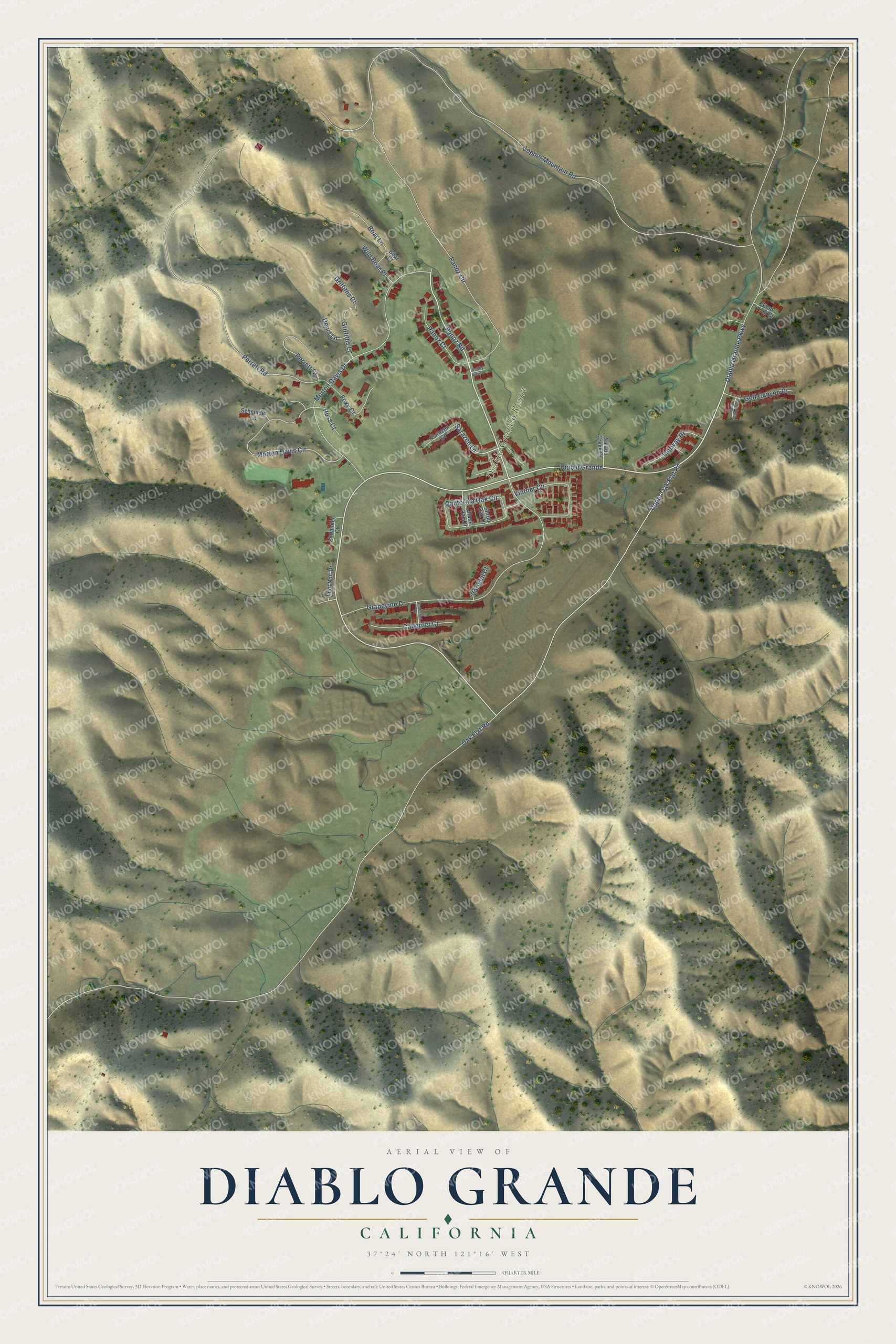 Full map of Diablo Grande, California, with red buildings, printed street names and the land around them
