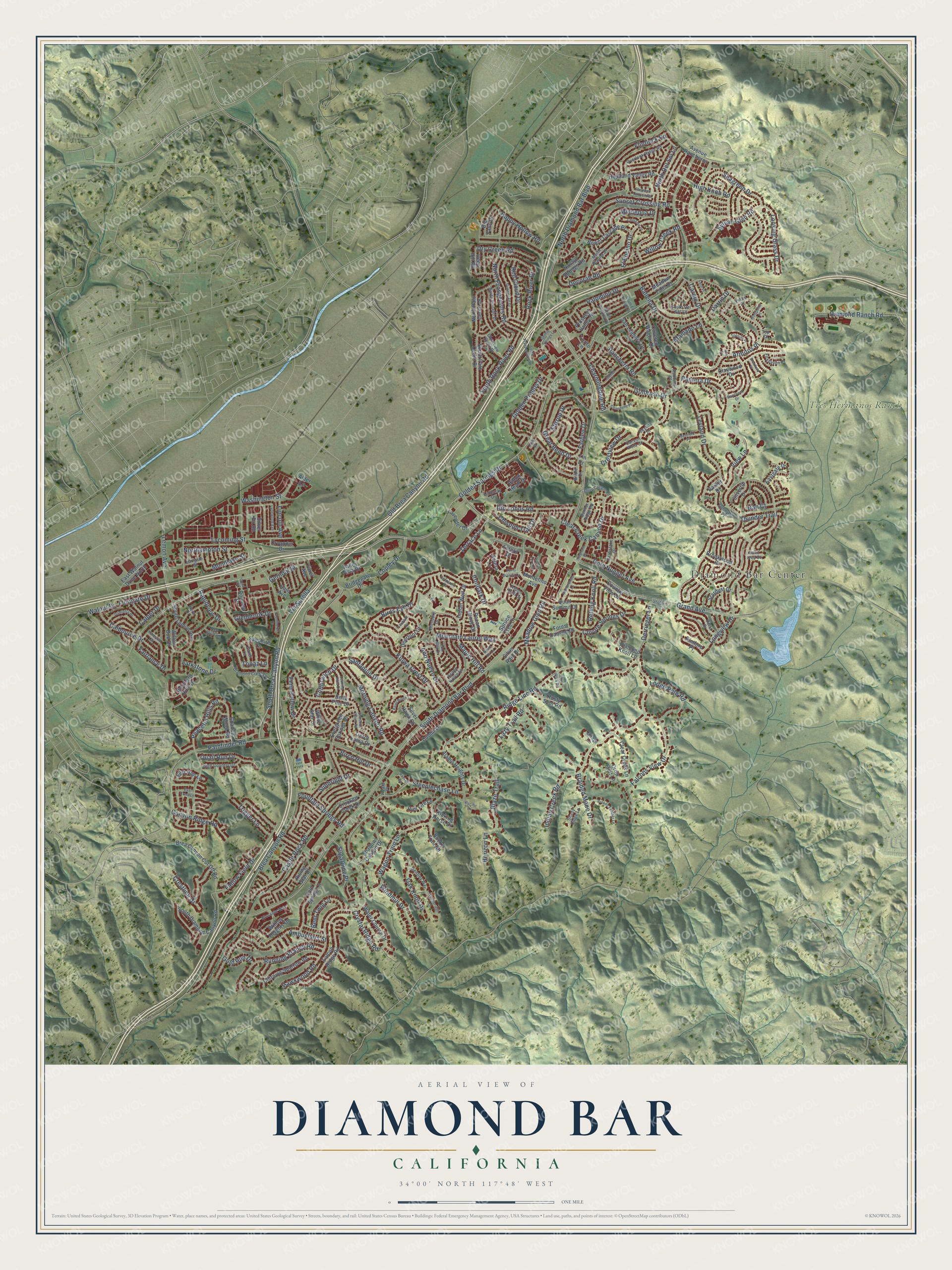 Full map of Diamond Bar, California, with red buildings, printed street names and the land around them