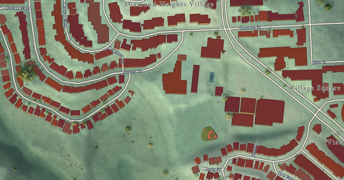 Close-up of streets and buildings in Diamond Heights, California