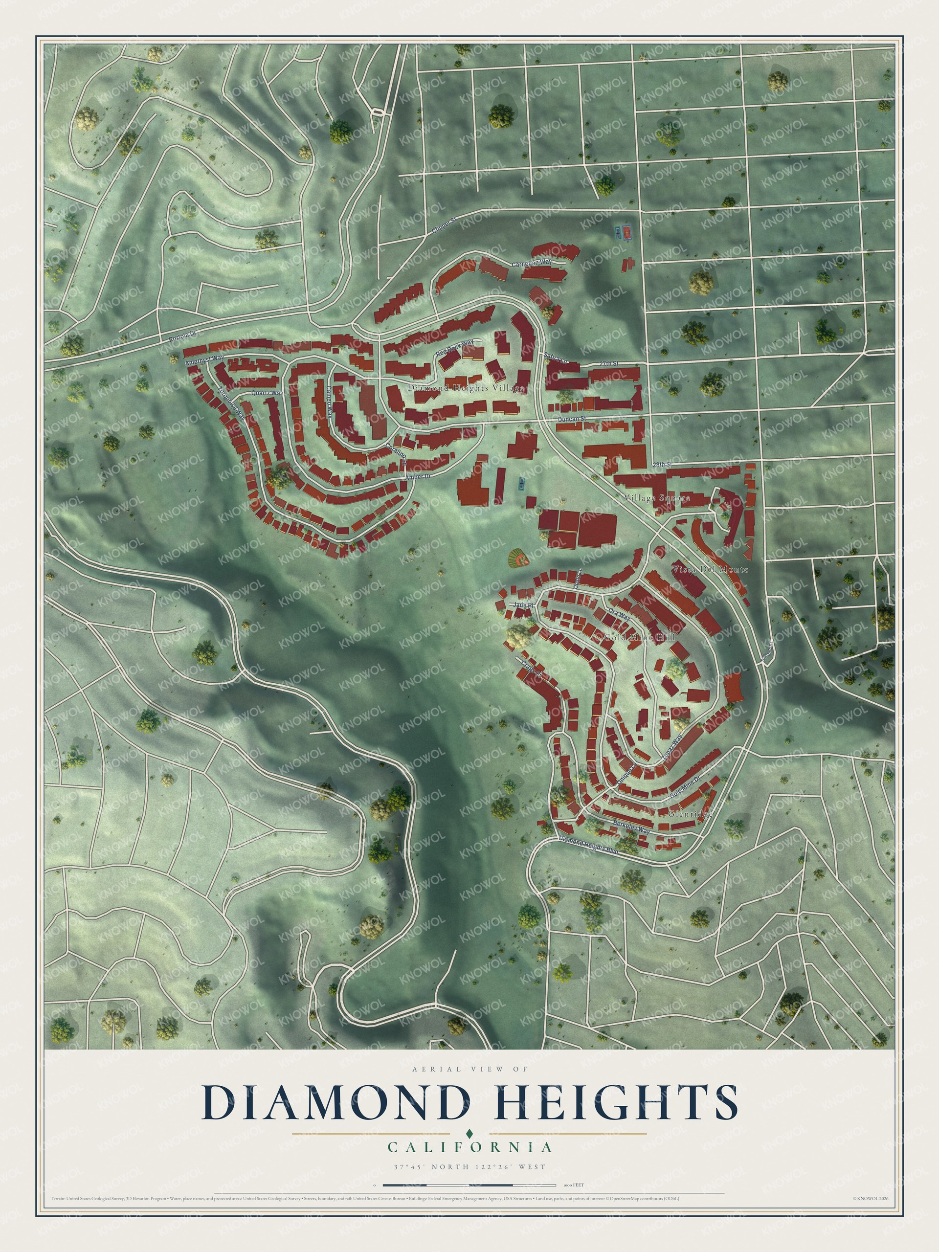 Full map of Diamond Heights, California, with red buildings, printed street names and the land around them