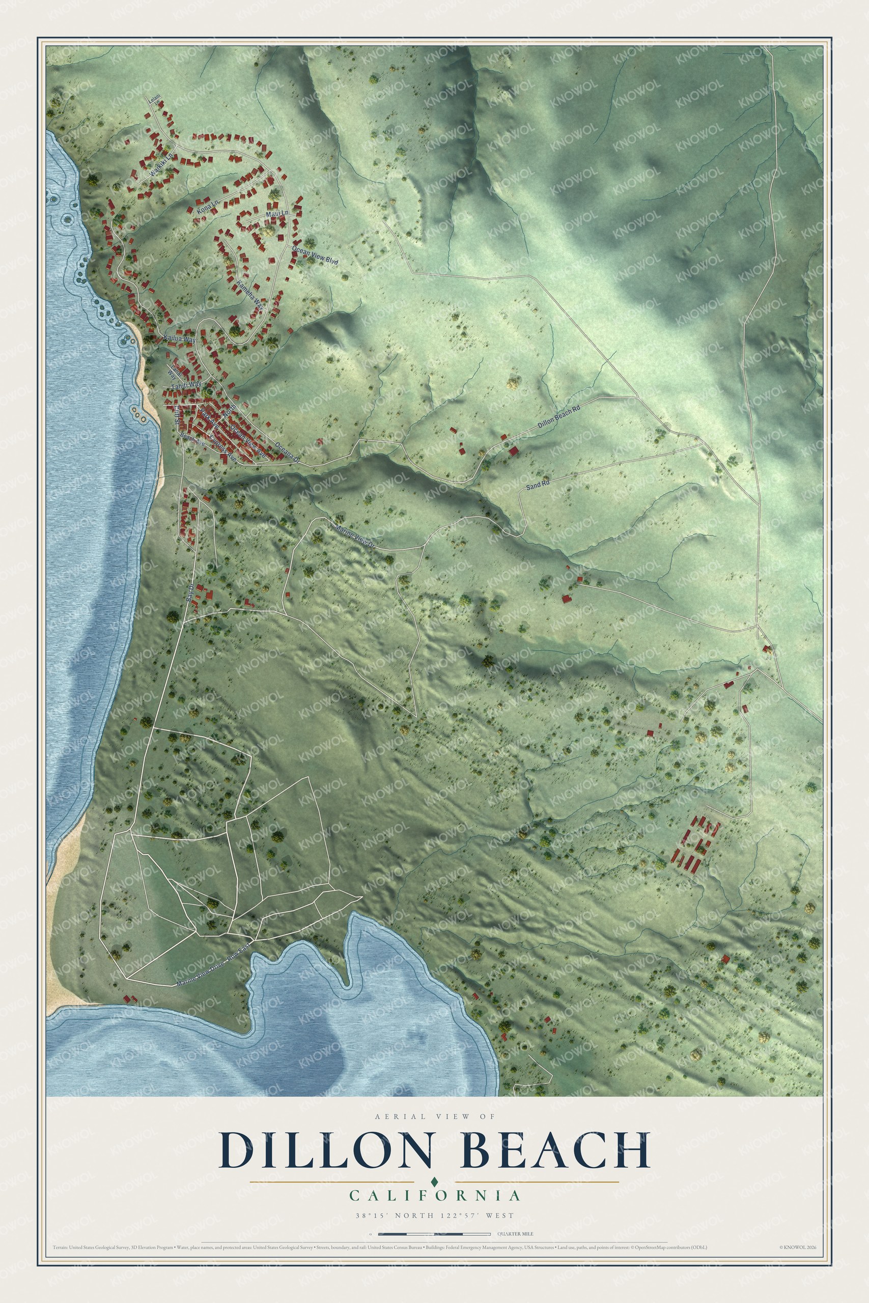 Full map of Dillon Beach, California, with red buildings, printed street names and the land around them