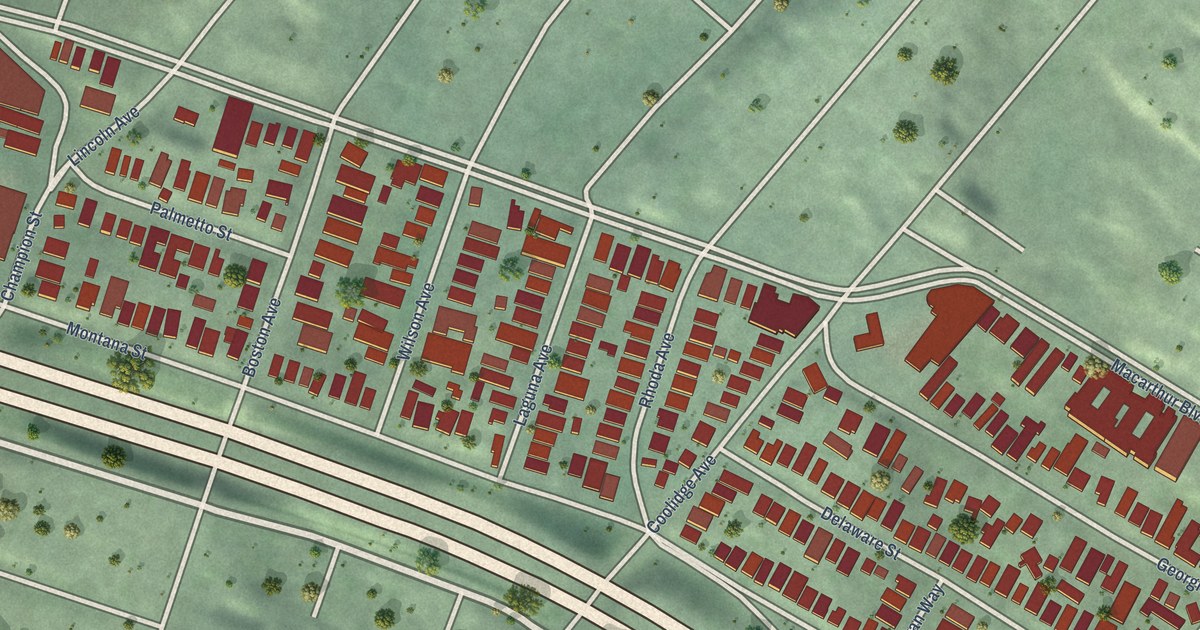 Close-up of streets and buildings in Dimond District, California