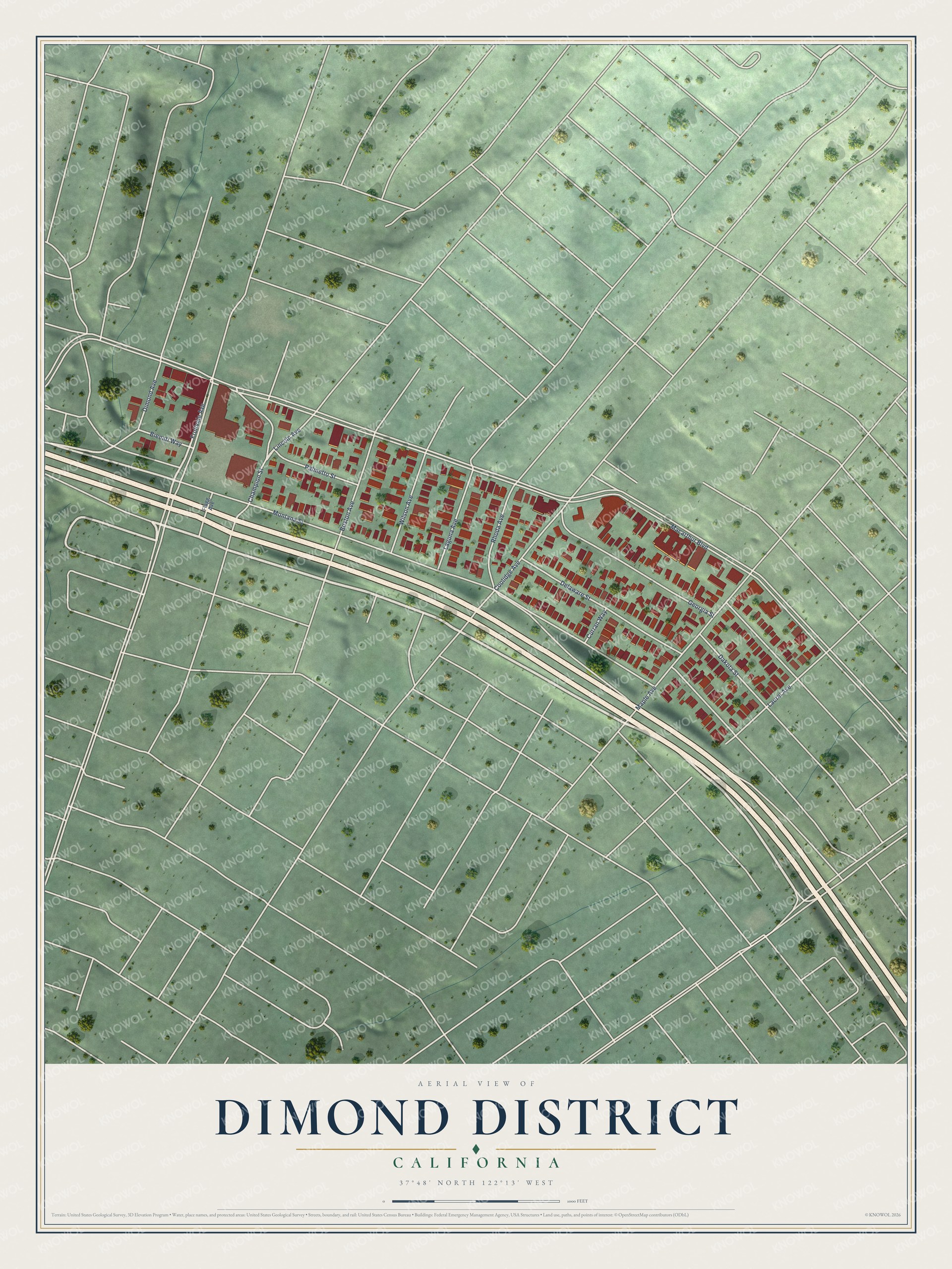 Full map of Dimond District, California, with red buildings, printed street names and the land around them