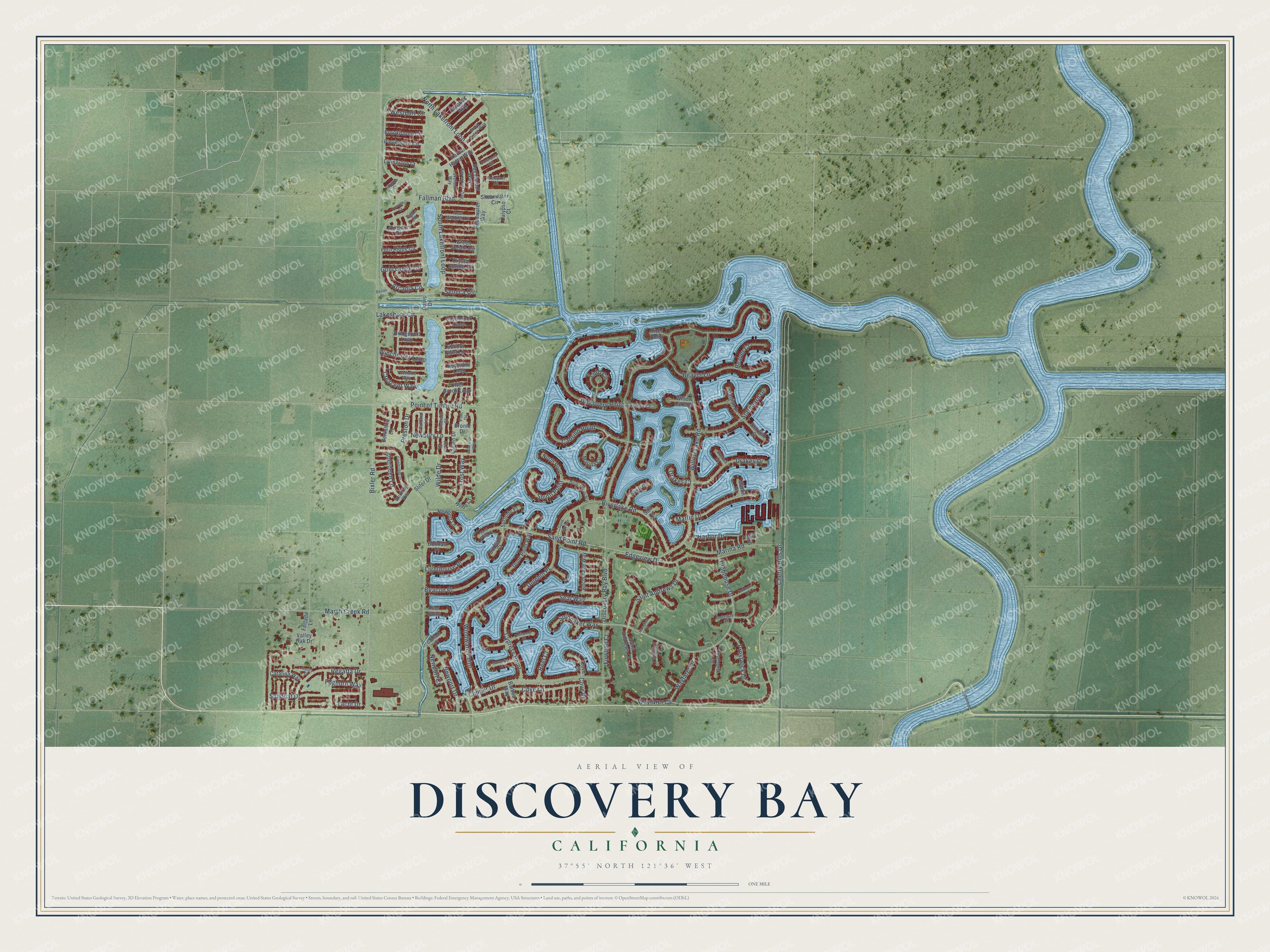 Full map of Discovery Bay, California, with red buildings, printed street names and the land around them